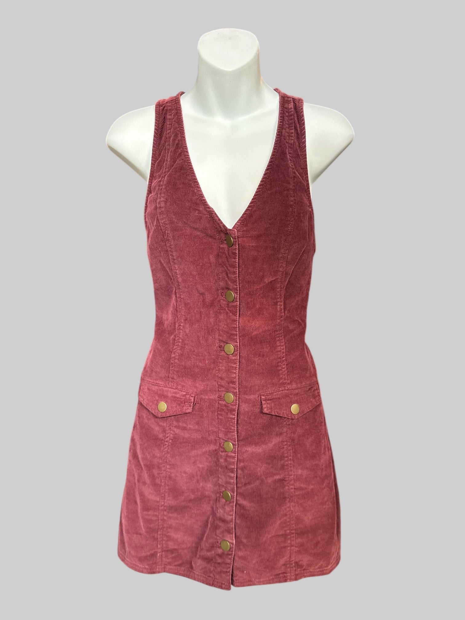 S Burgundy corduroy dress with gold colored buttons