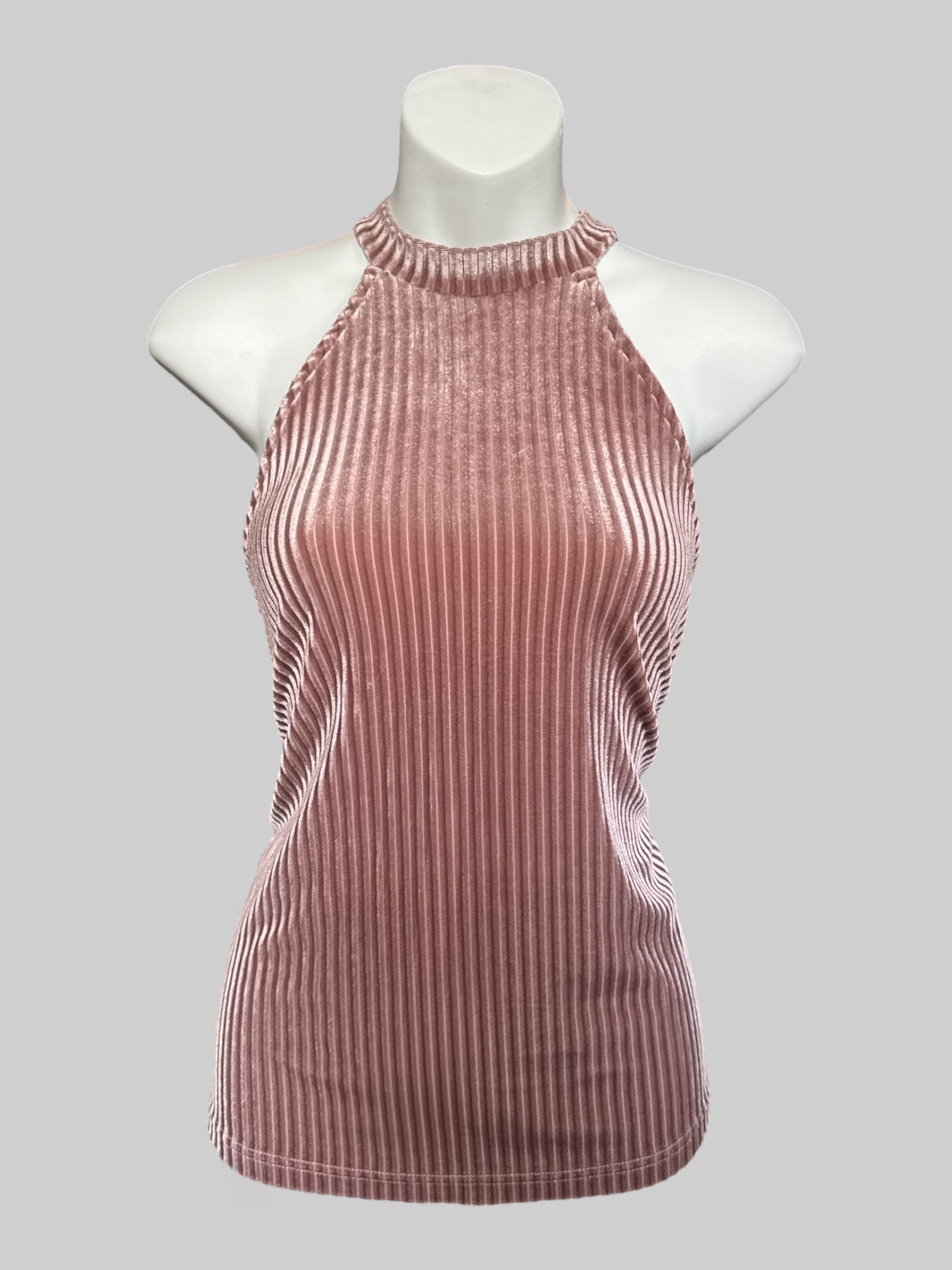 S Dusty rose ribbed velvet sleeveless top with mock neck