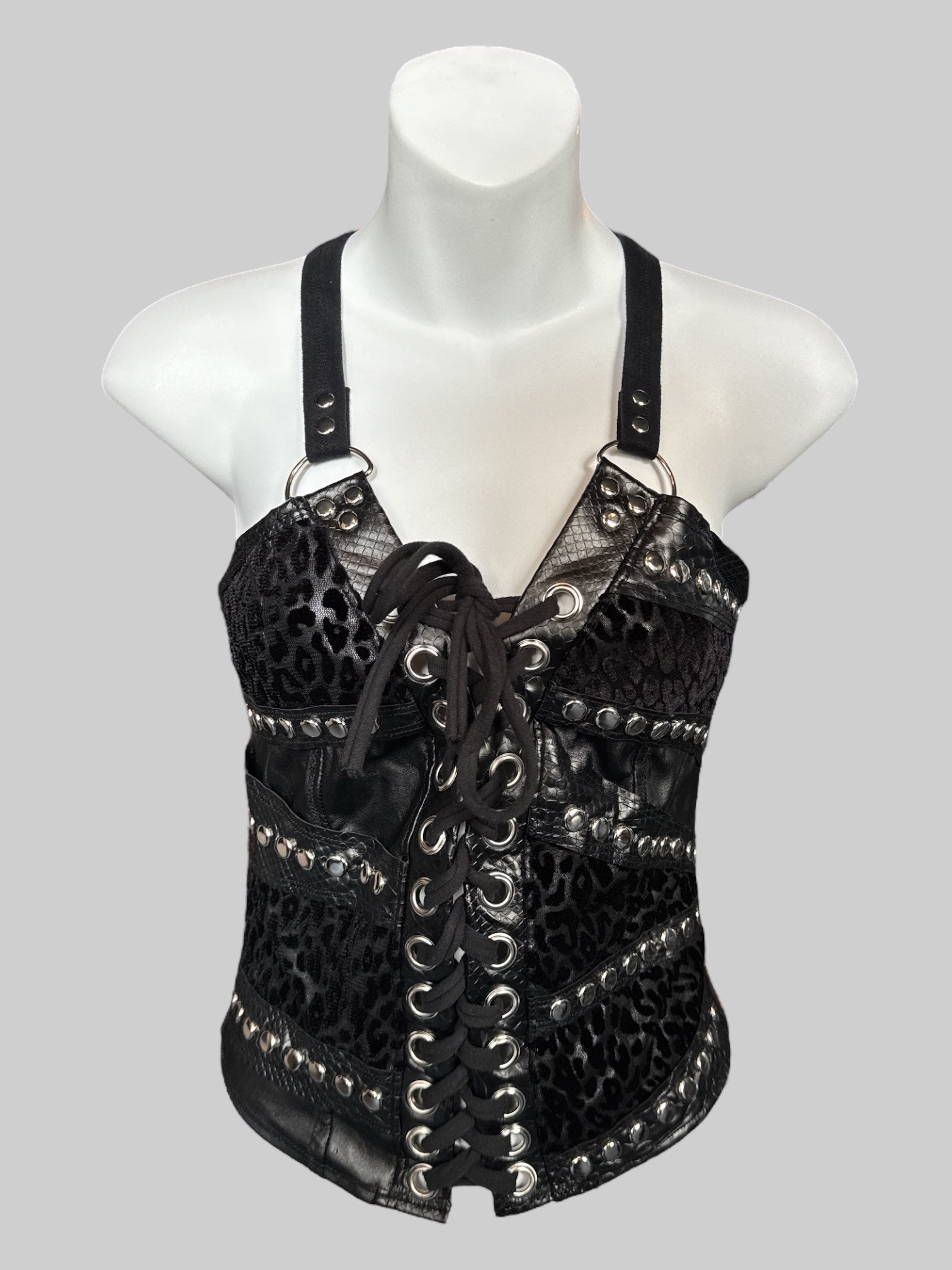 S Black lace up sleeveless top with key pleather, studs, and animal print velvet burnout