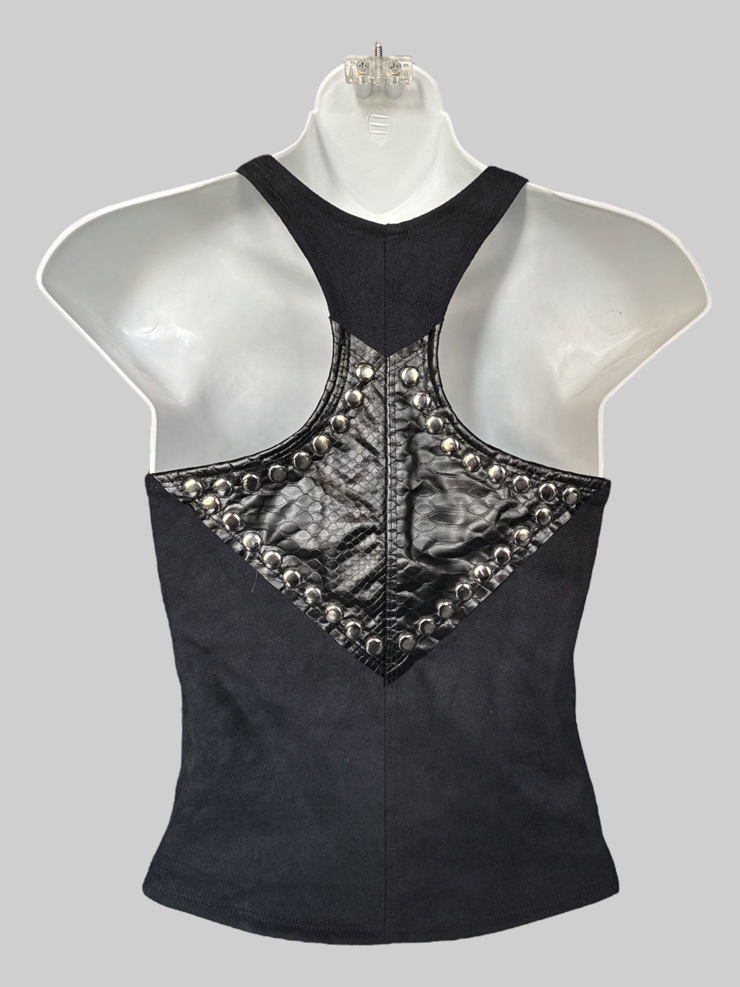 S Black lace up sleeveless top with key pleather, studs, and animal print velvet burnout