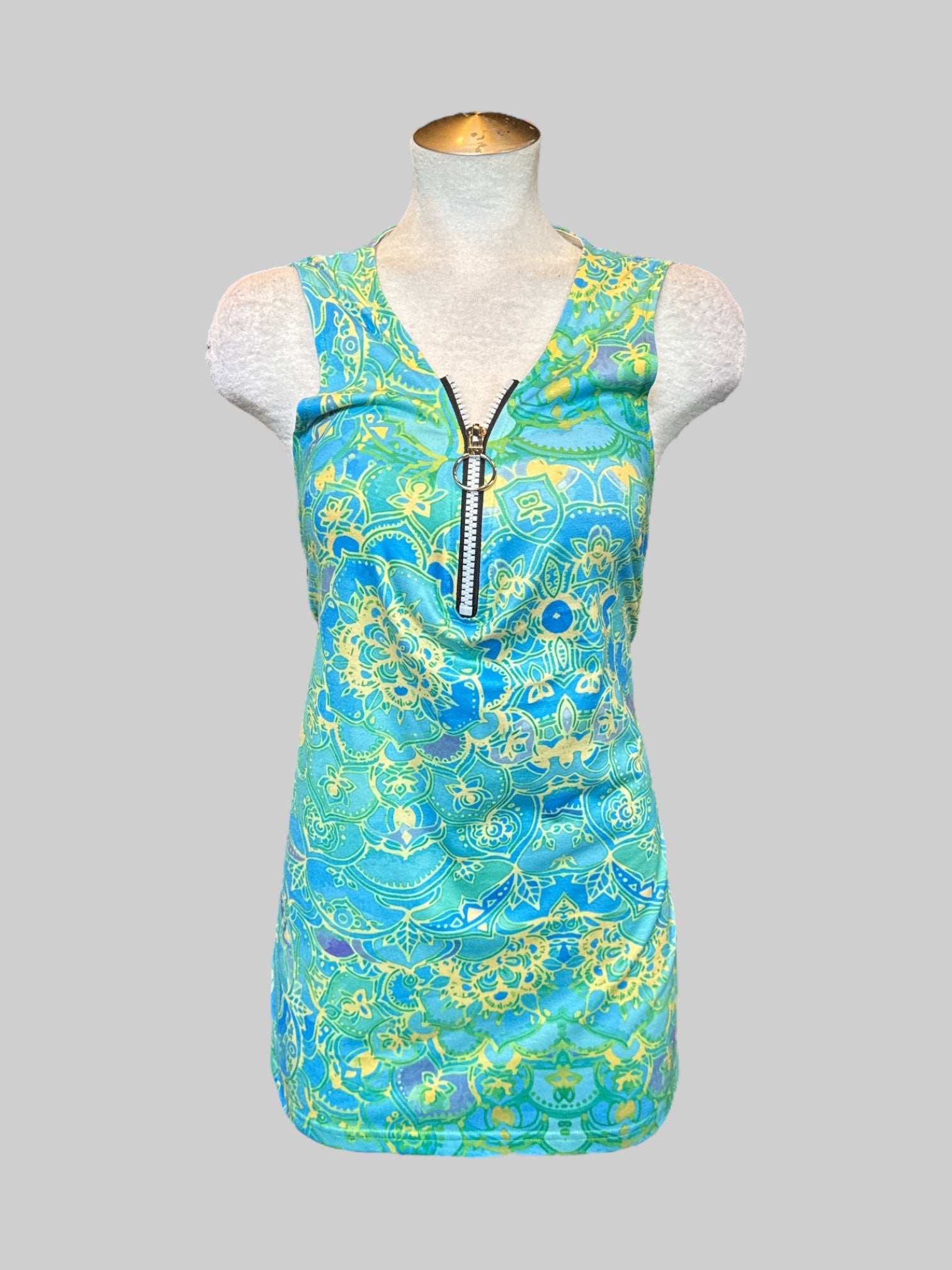 L Green blue and yellow floral sleeveless top with zipper neckline