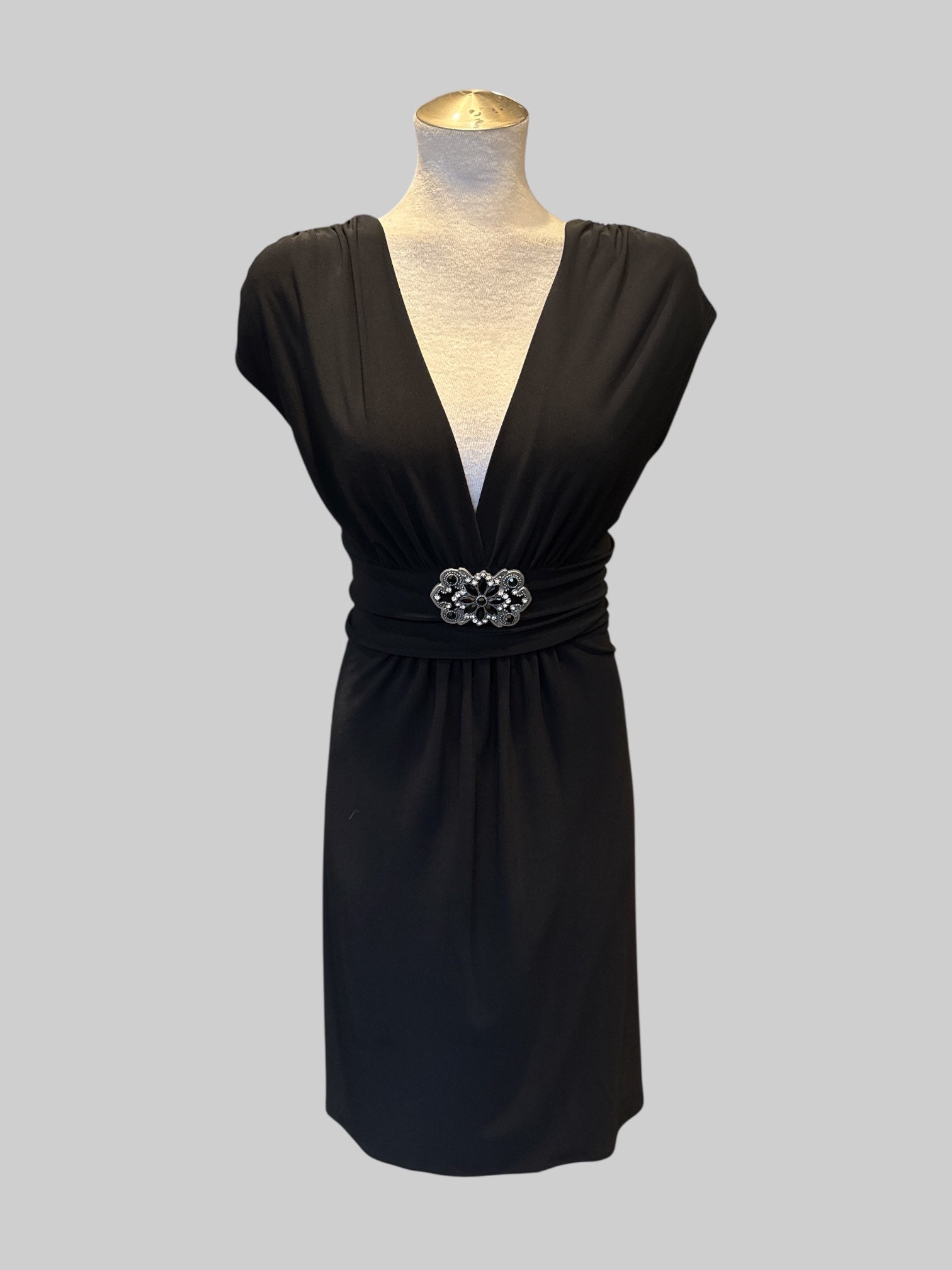 XL Black sleeveless faux wrap dress with decorative bedazzled buckle