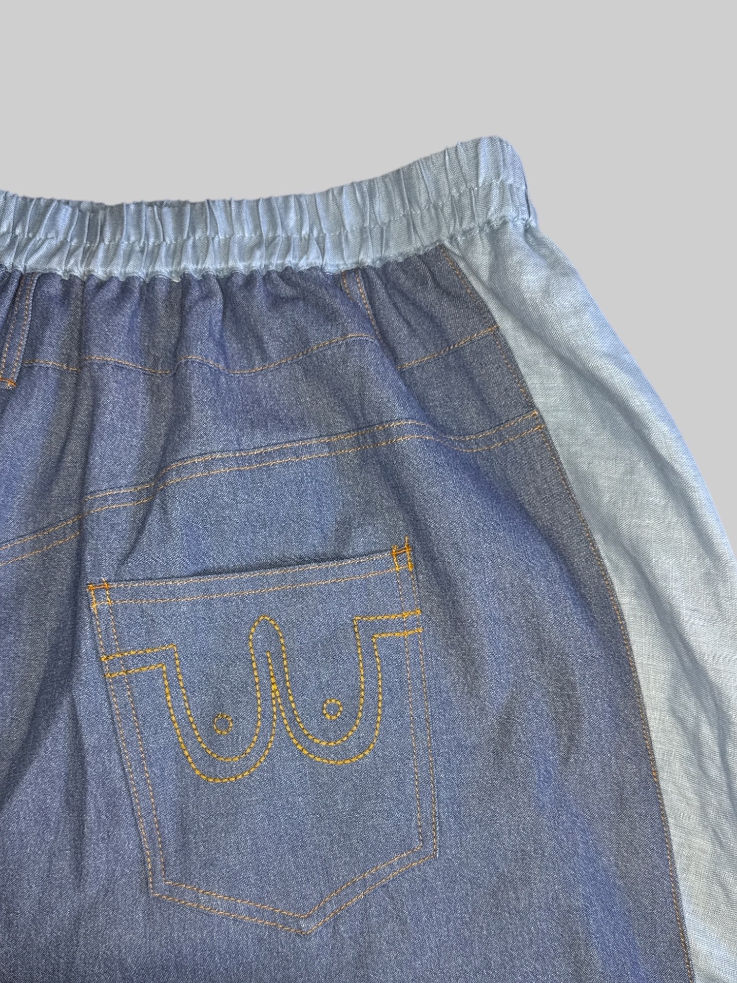 4X 2-toned denim maxi skirt with pants illusion