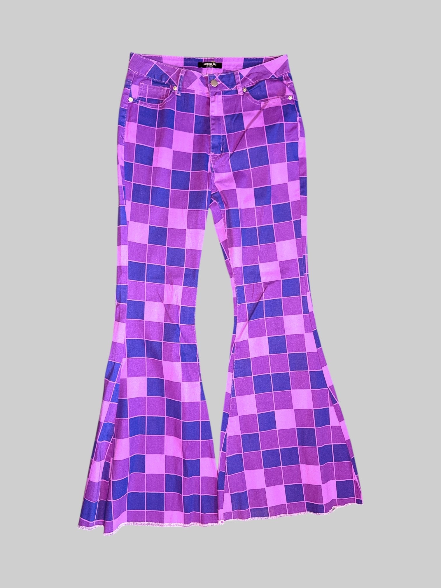 L Purple checkered stretchy jeans with bell bottoms