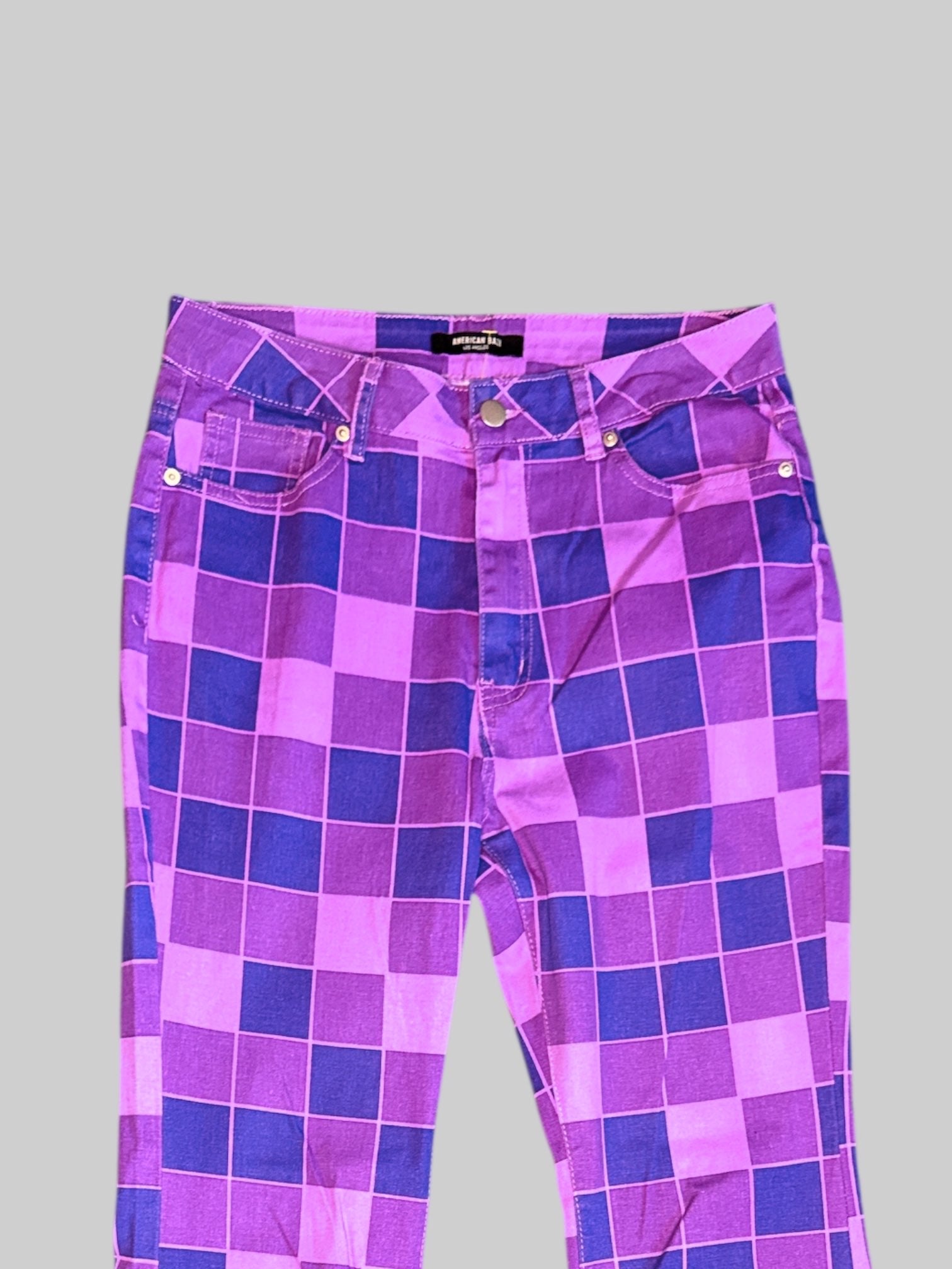 L Purple checkered stretchy jeans with bell bottoms