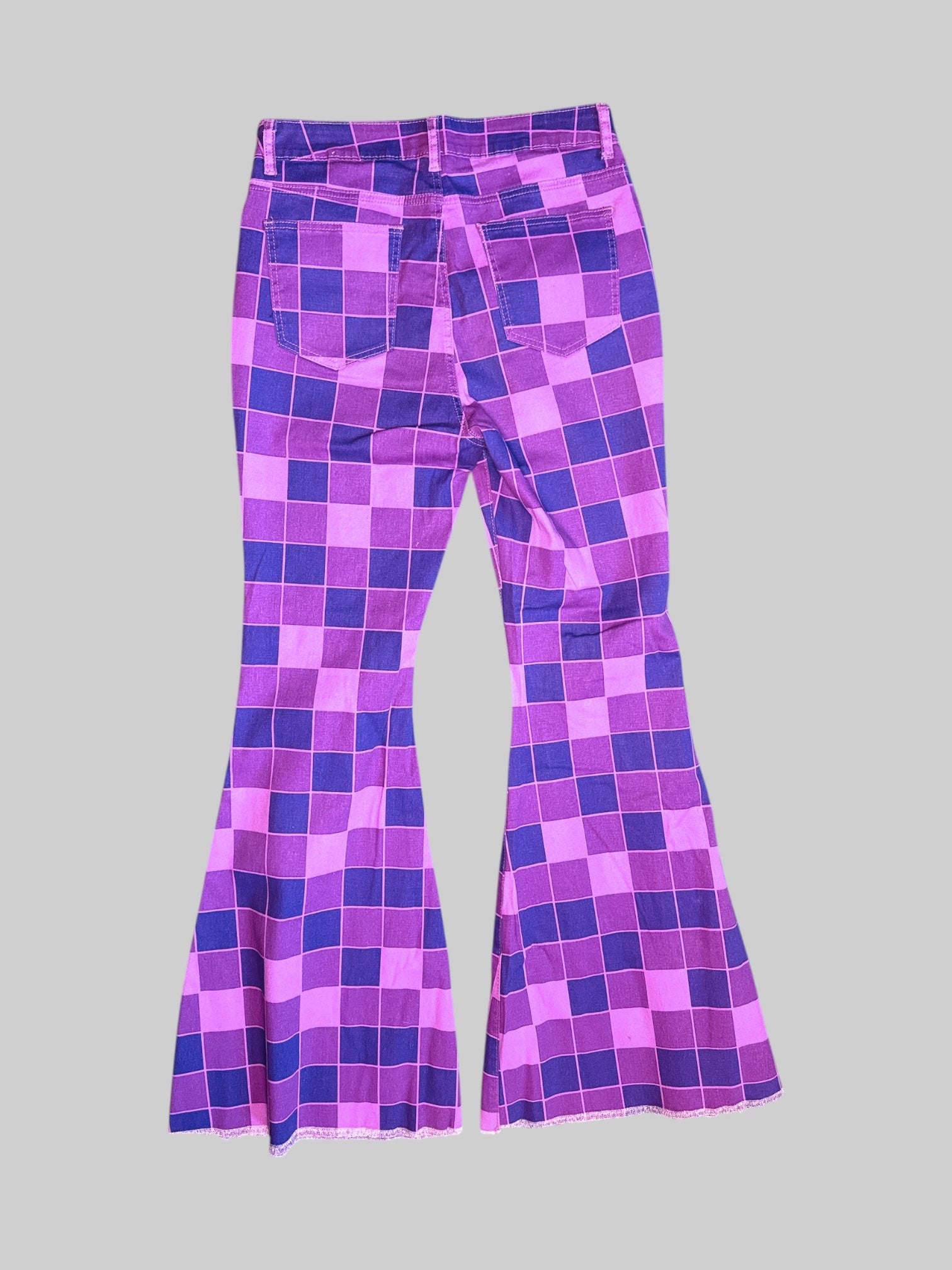 L Purple checkered stretchy jeans with bell bottoms