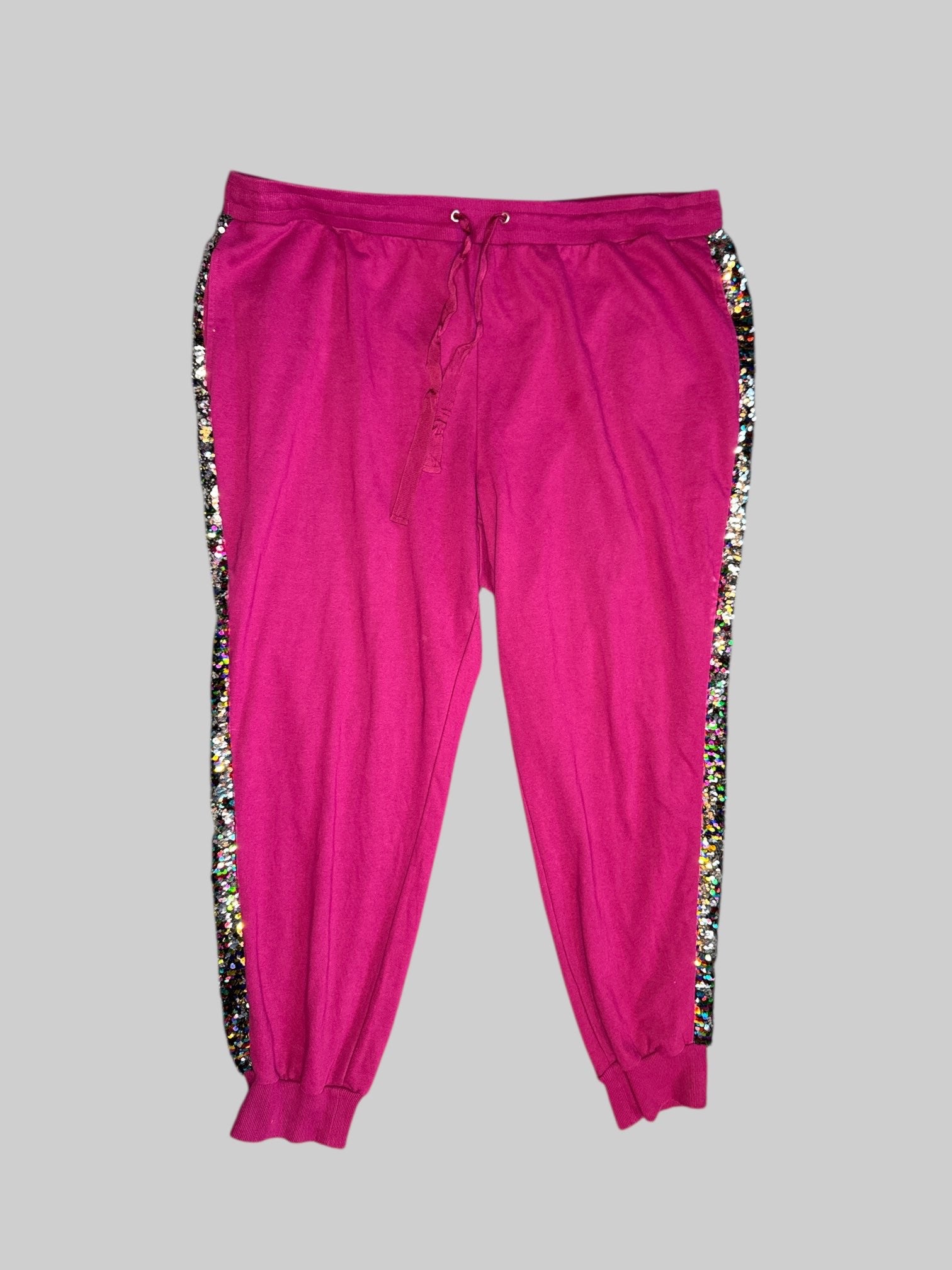 3X Pink stretchy sweatpants with rainbow sequin detail on the sides