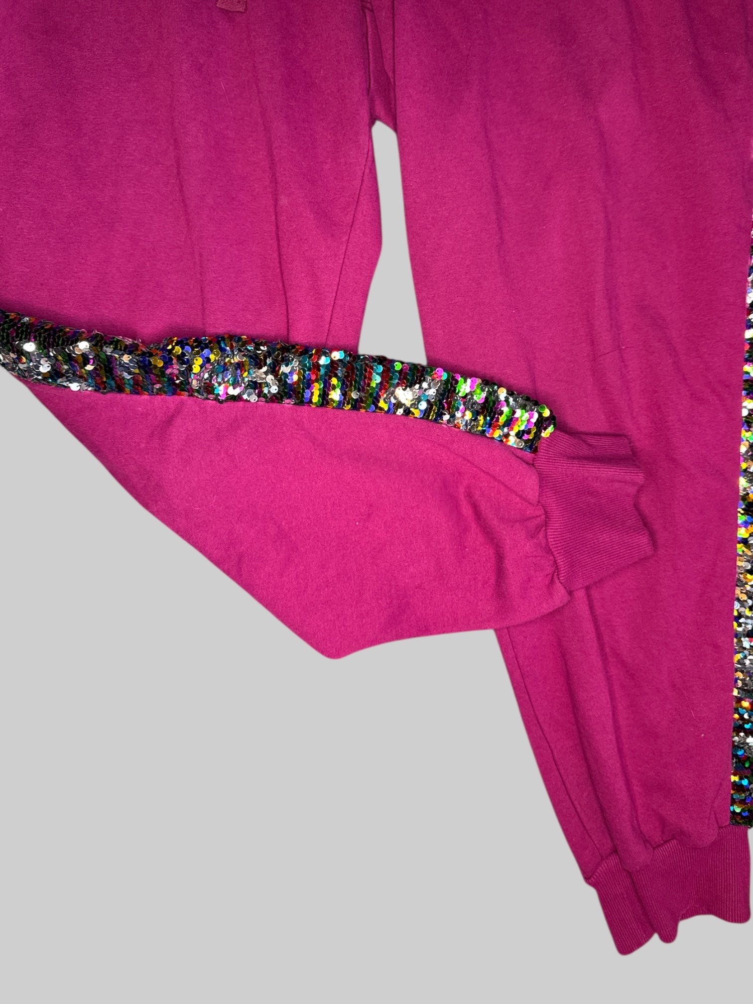 3X Pink stretchy sweatpants with rainbow sequin detail on the sides