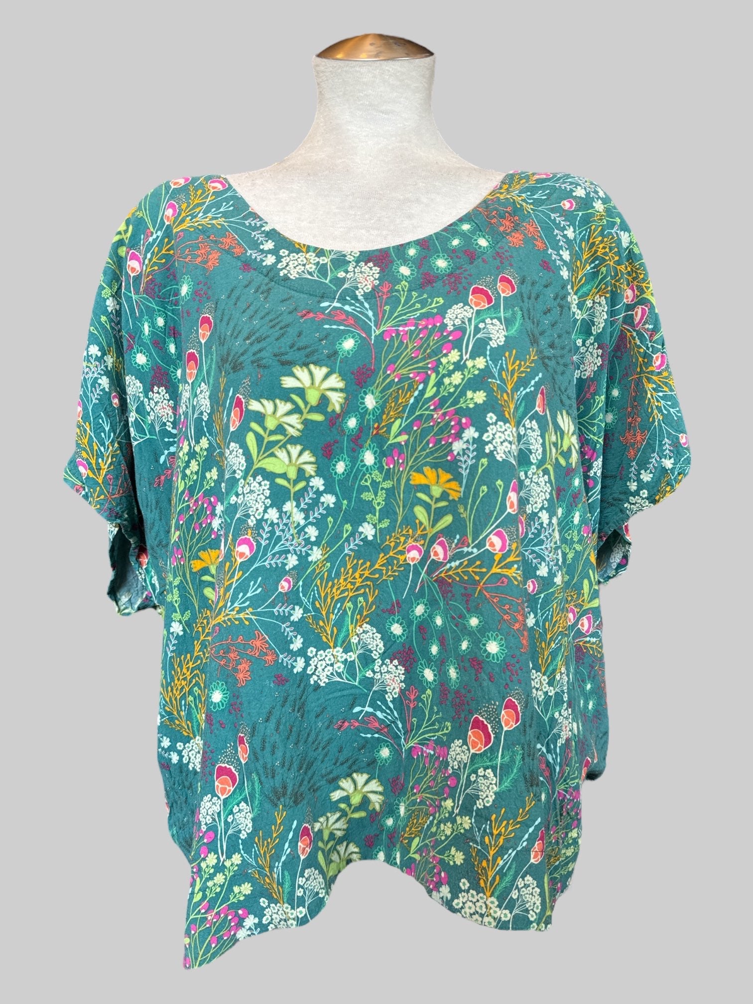 3X blueish green flowy top with multicolor florals