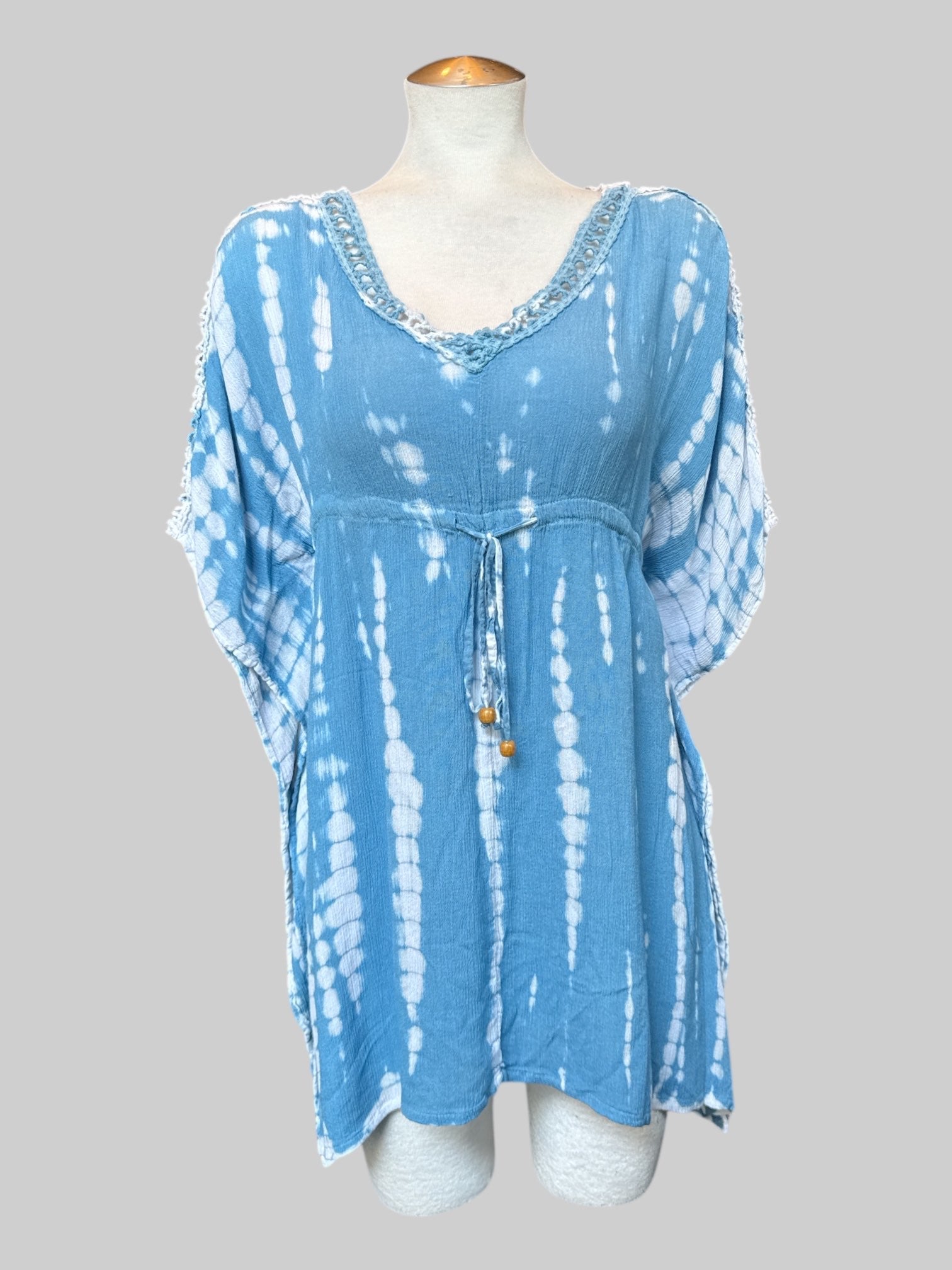 S Blue and white tie dye short dress with lattice neckline, flowy sleeves, and elastic waistband with beads