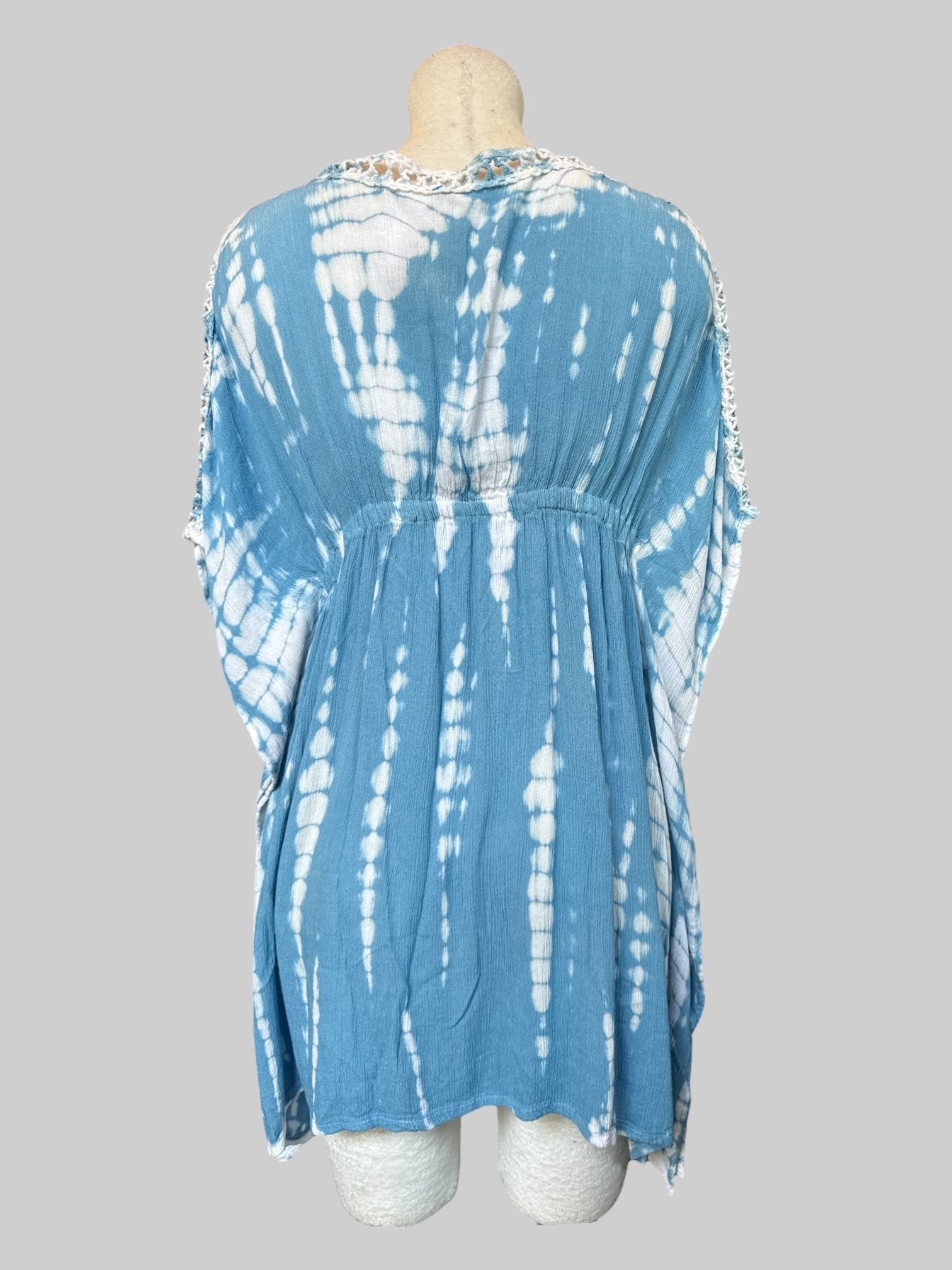 S Blue and white tie dye short dress with lattice neckline, flowy sleeves, and elastic waistband with beads