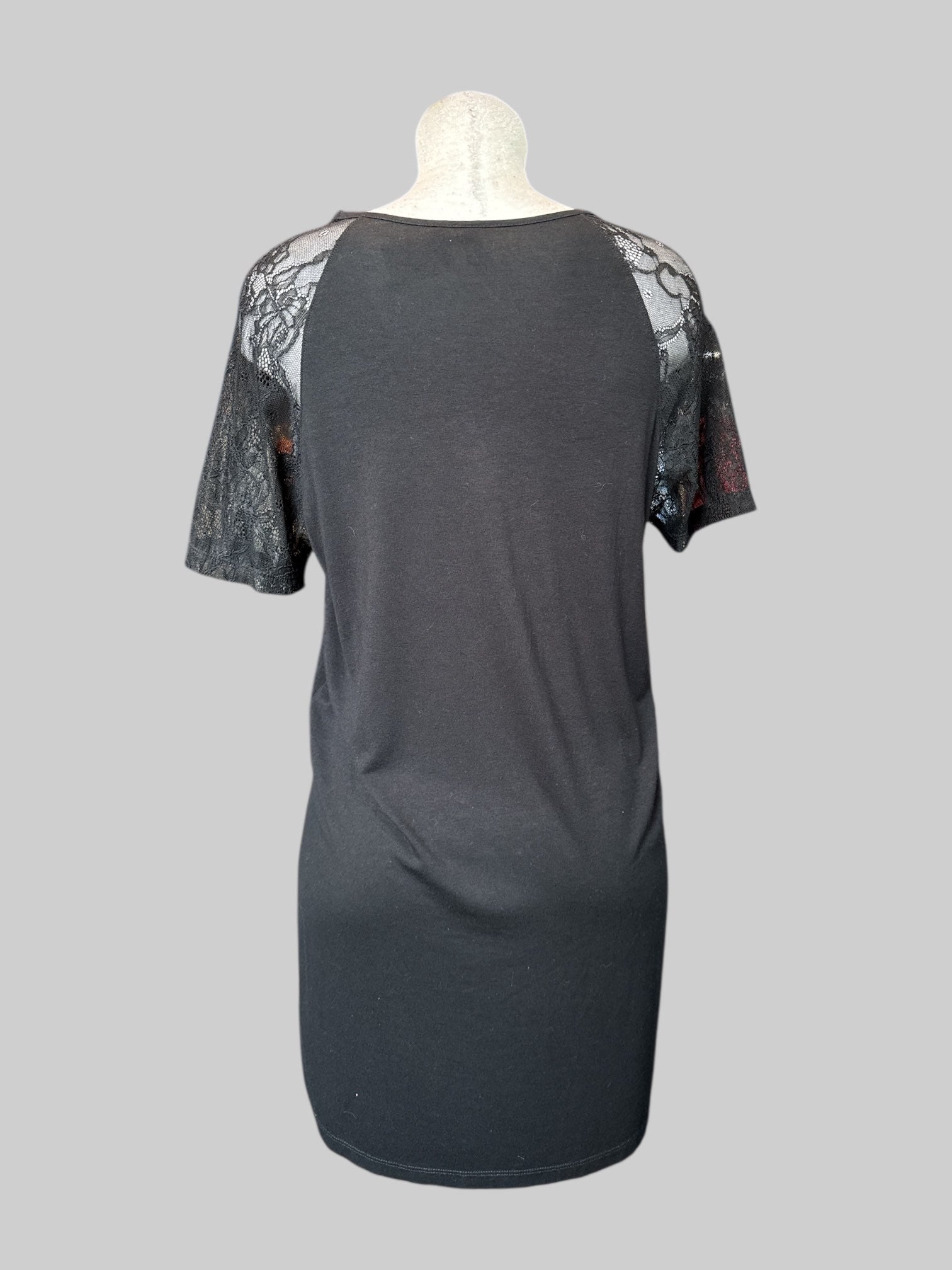 S Black t shirt style dress with lace sleeves