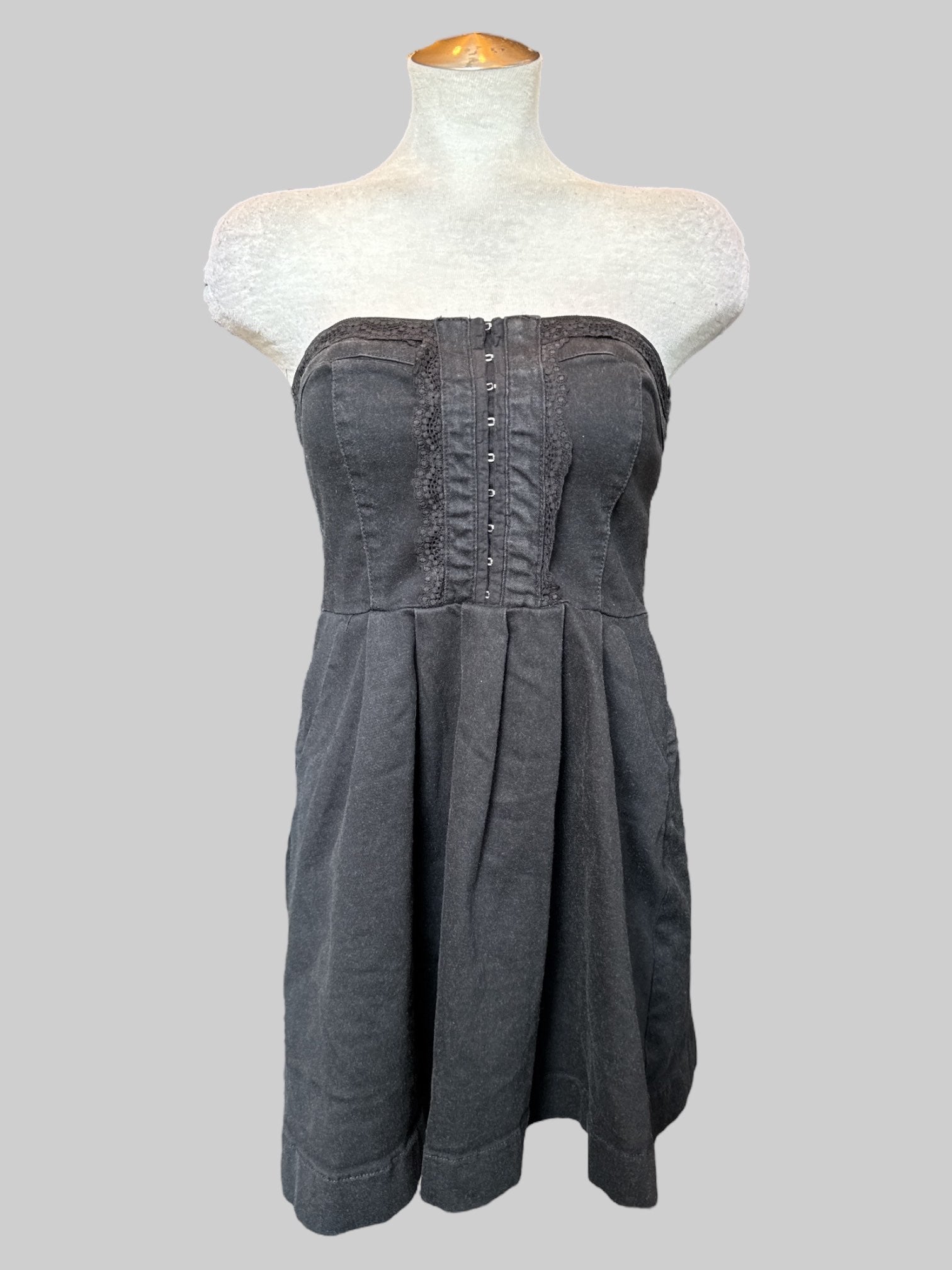 S Strapless fit and flare black dress with corset style top with lace