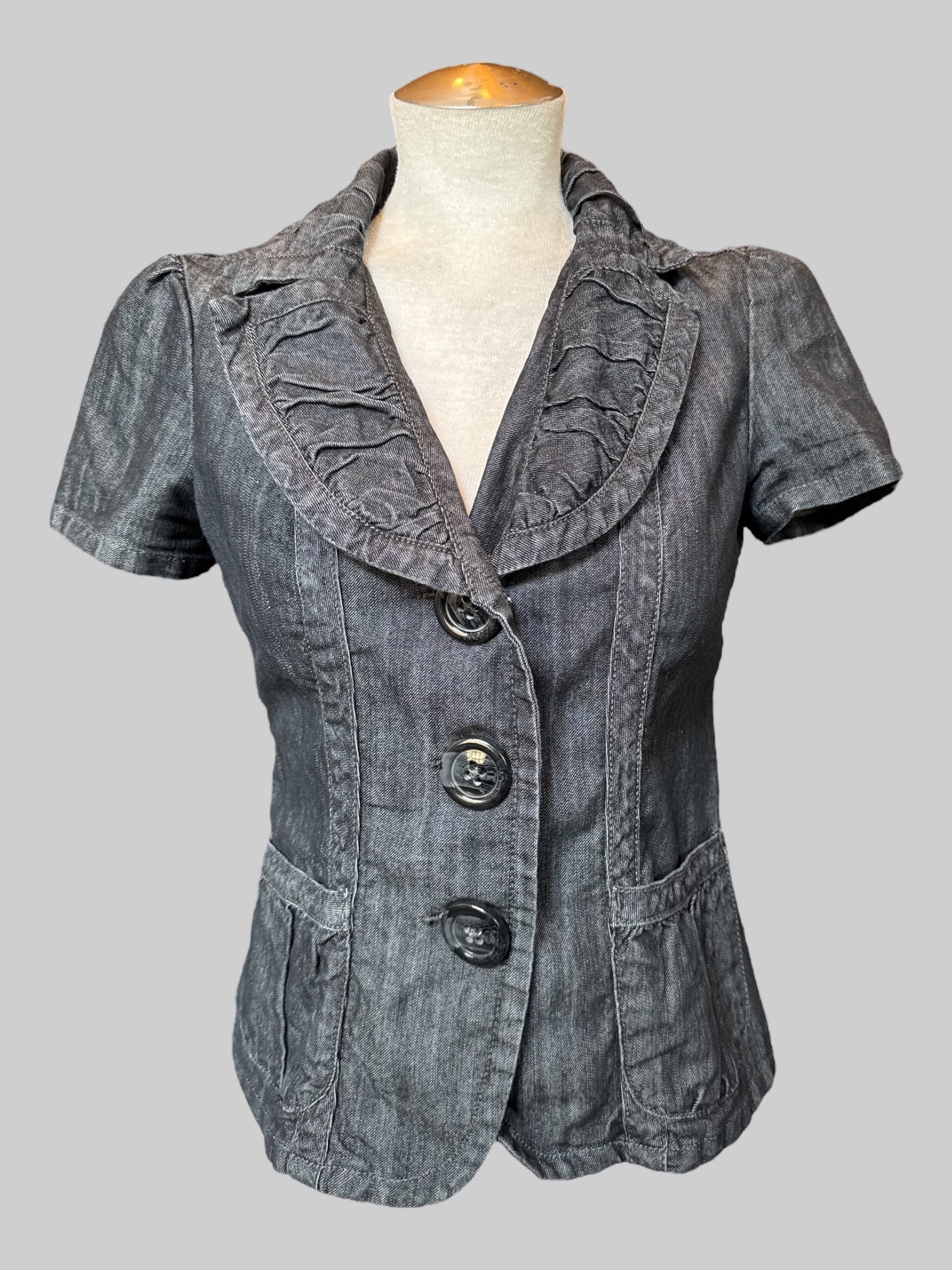 S Blueish black short sleeve button up jacket with ruffle collar
