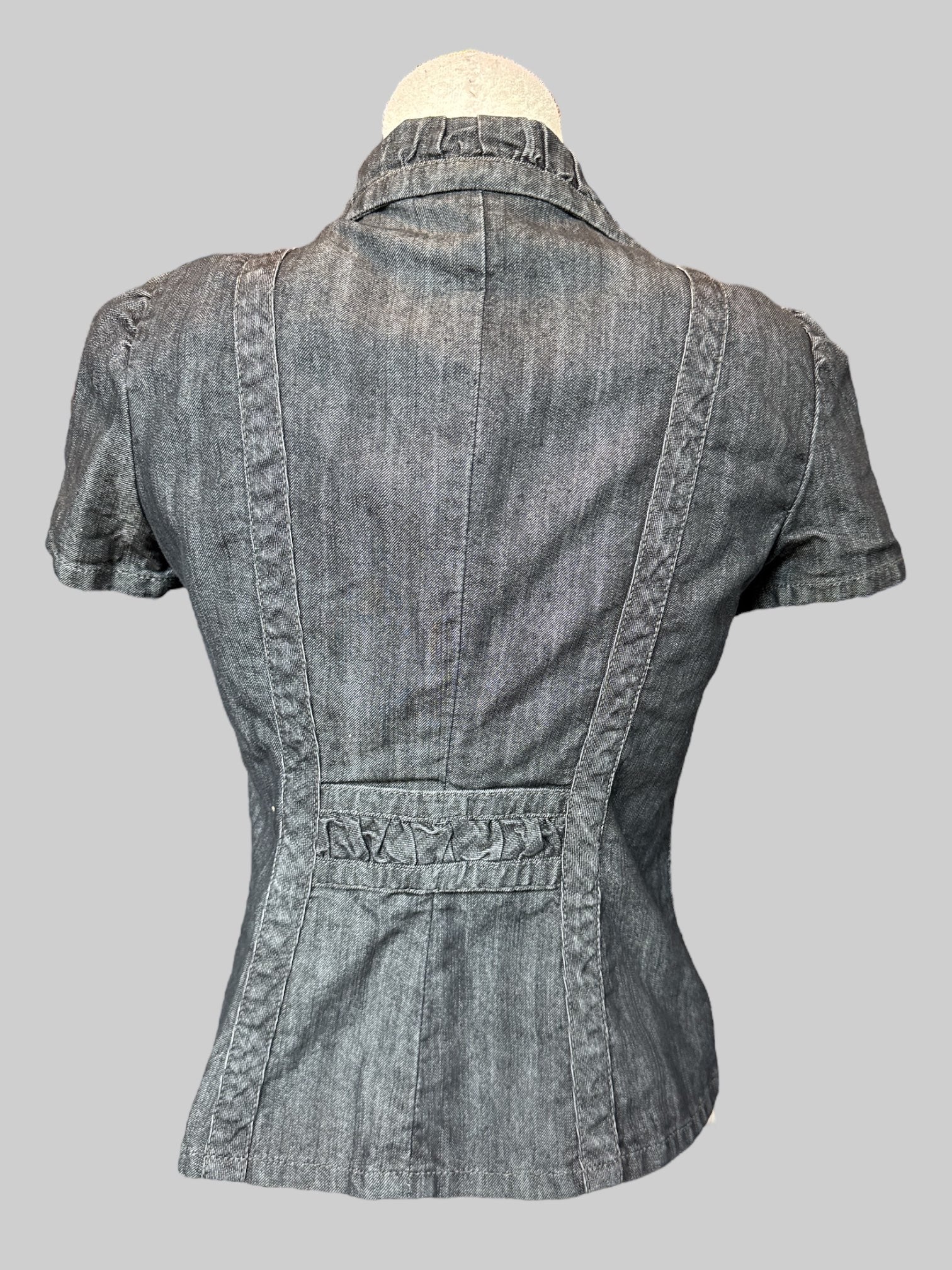 S Blueish black short sleeve button up jacket with ruffle collar