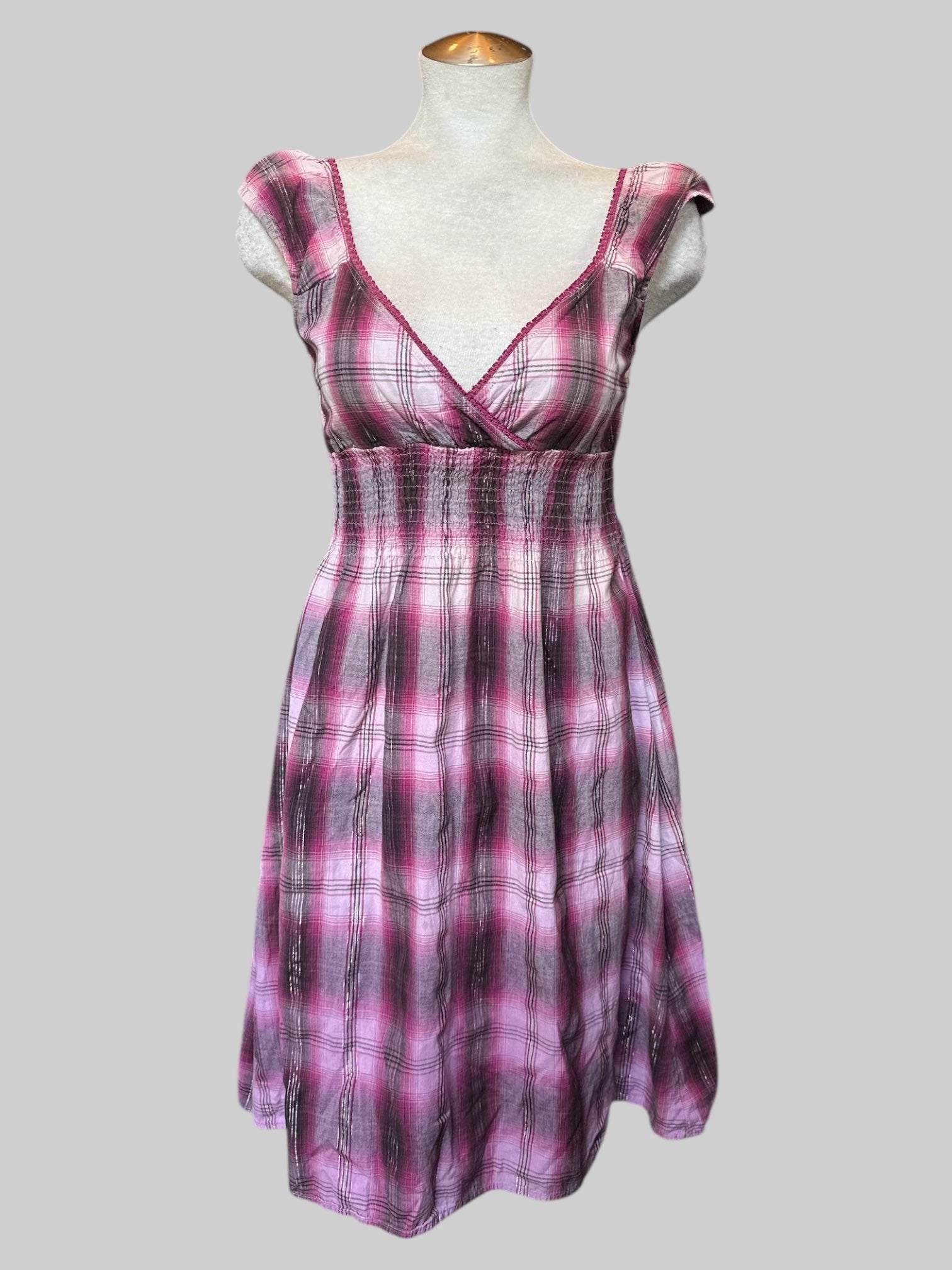 M Black, grey, pink, white, and silver tinsel plaid dress with shirred waist and scallop neckline