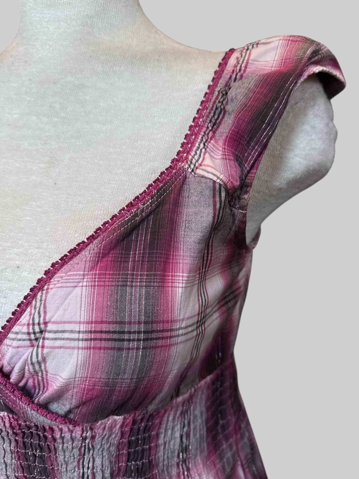 M Black, grey, pink, white, and silver tinsel plaid dress with shirred waist and scallop neckline