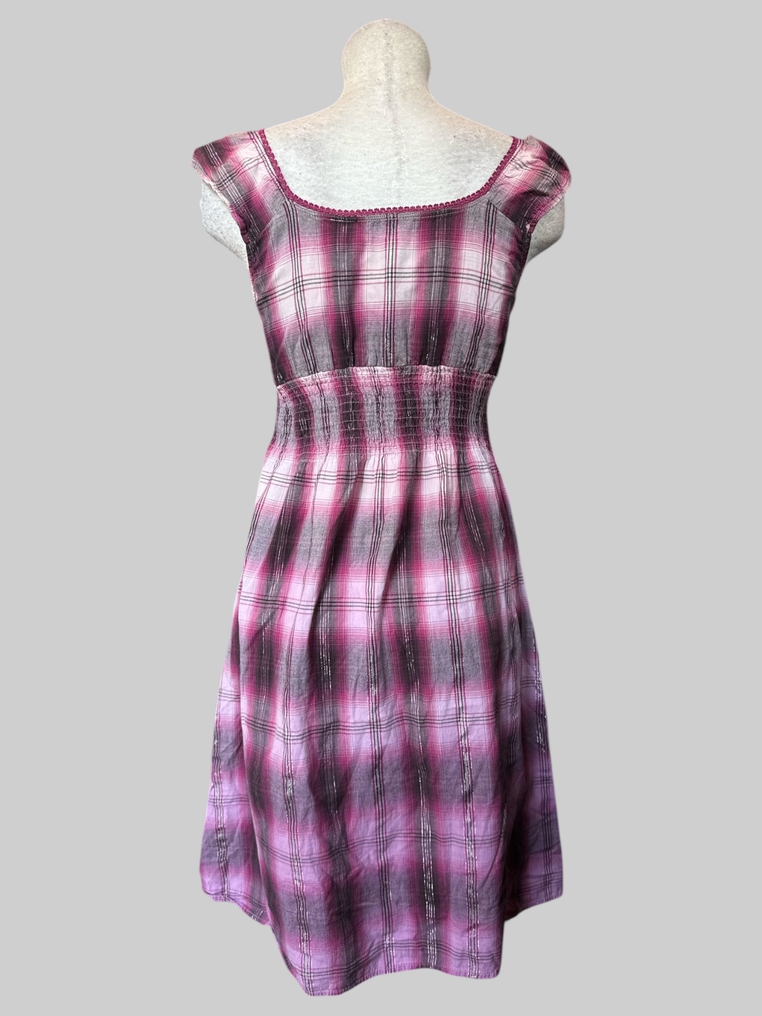 M Black, grey, pink, white, and silver tinsel plaid dress with shirred waist and scallop neckline