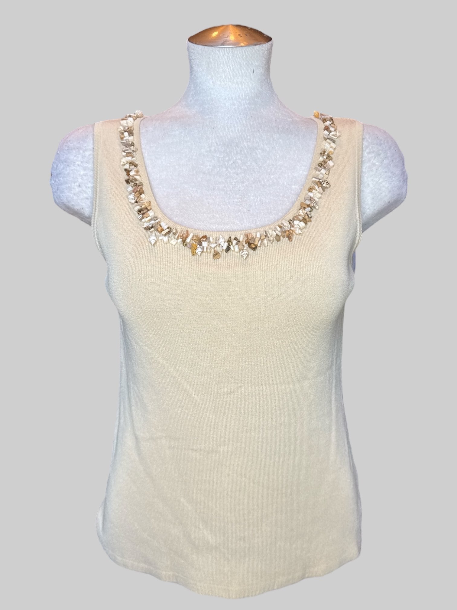 L Vintage tan sleeveless top with shells and stone beaded neckline