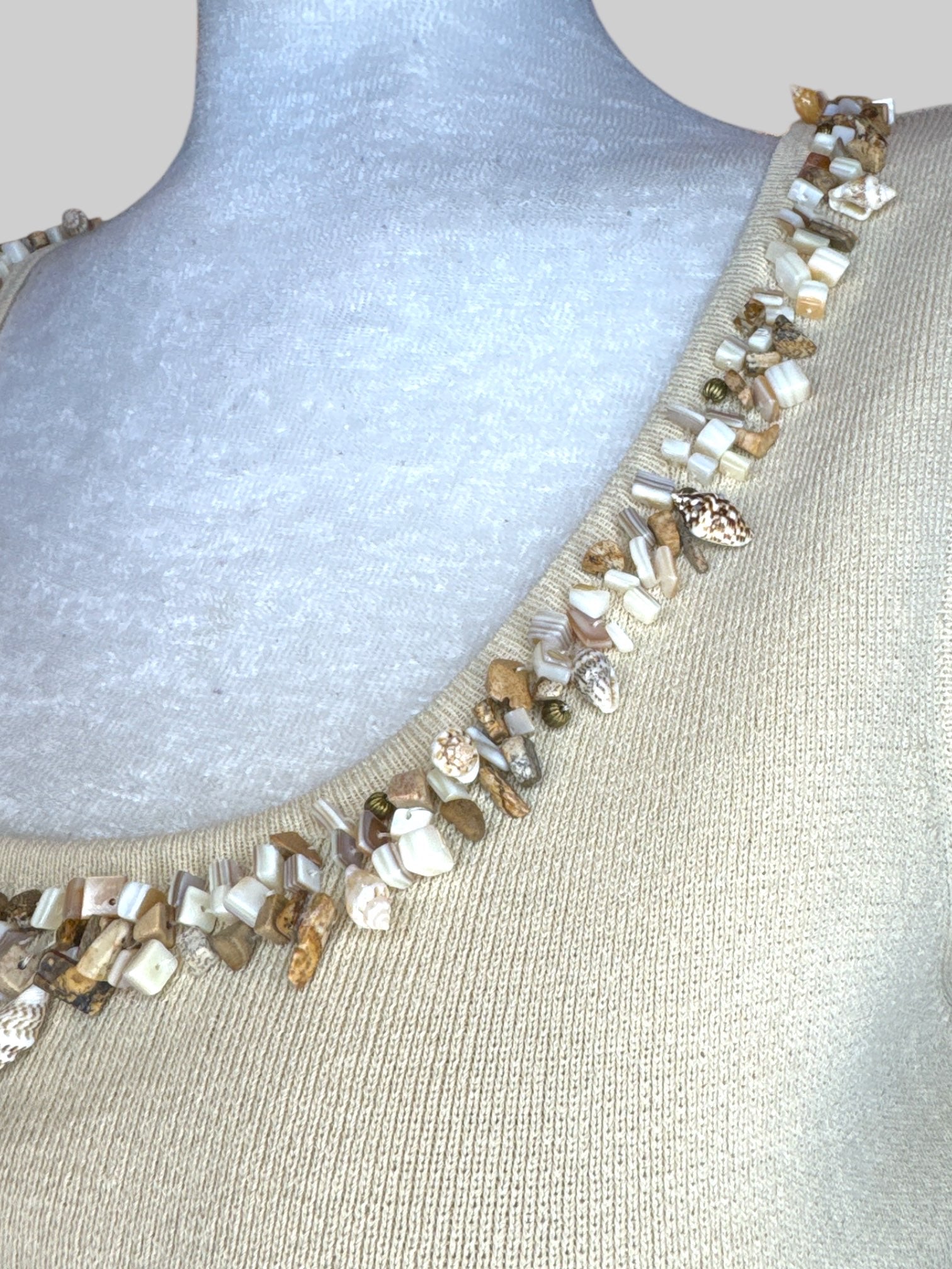 L Vintage tan sleeveless top with shells and stone beaded neckline