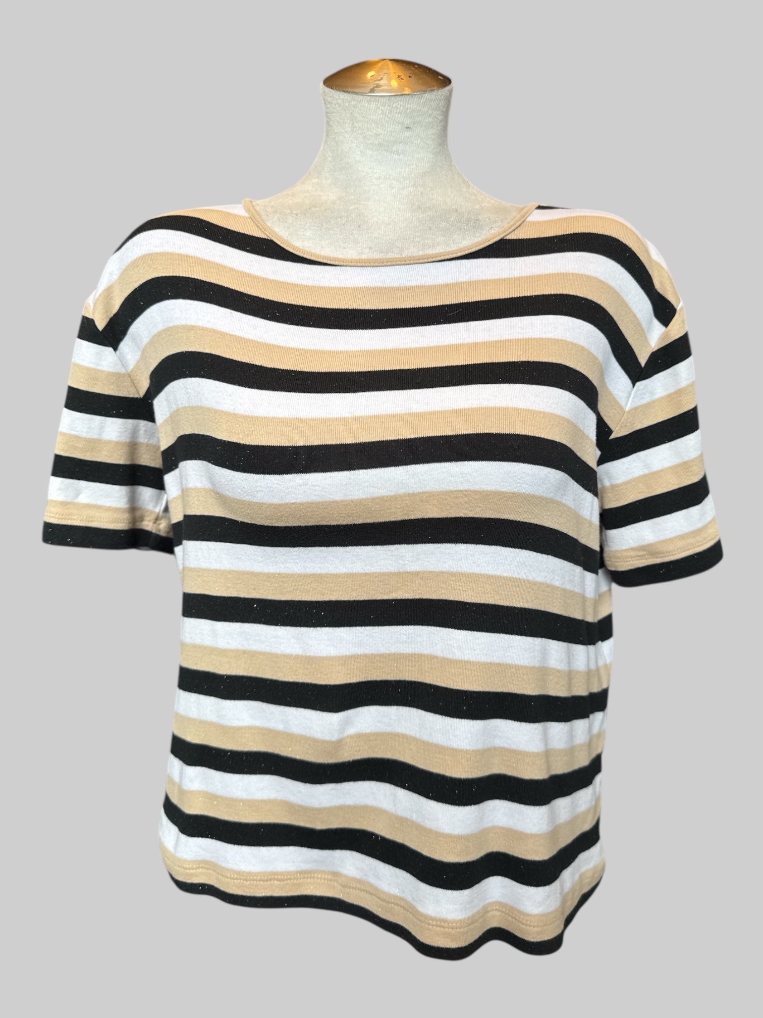 L Vintage black, white, and tan striped t shirt with glitter