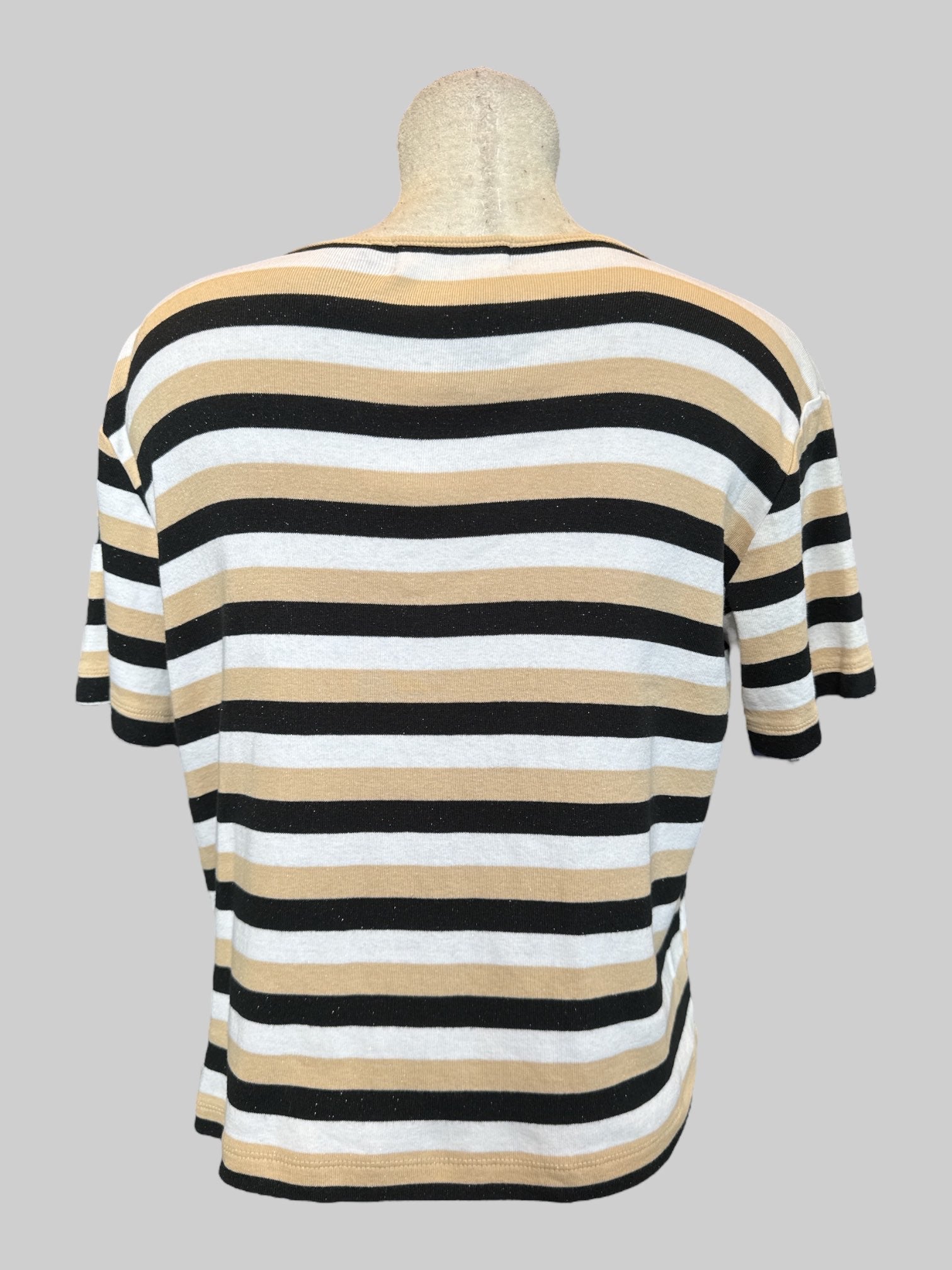 L Vintage black, white, and tan striped t shirt with glitter