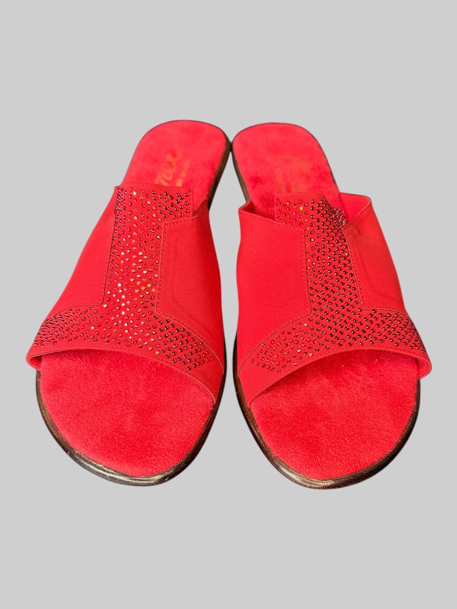 Size 6 Red open toe wedges with fuzzy sole and rhinestone detail