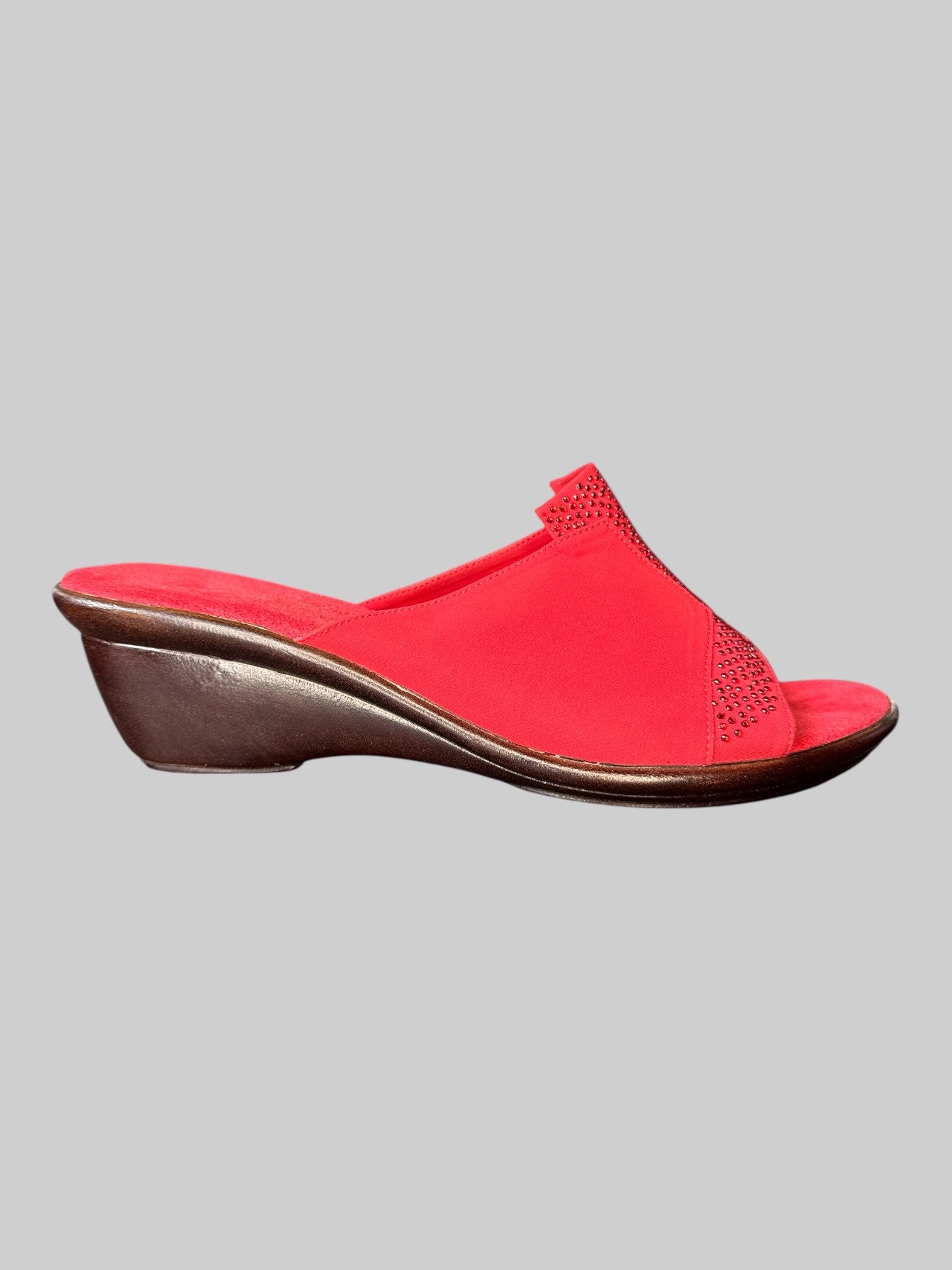 Size 6 Red open toe wedges with fuzzy sole and rhinestone detail