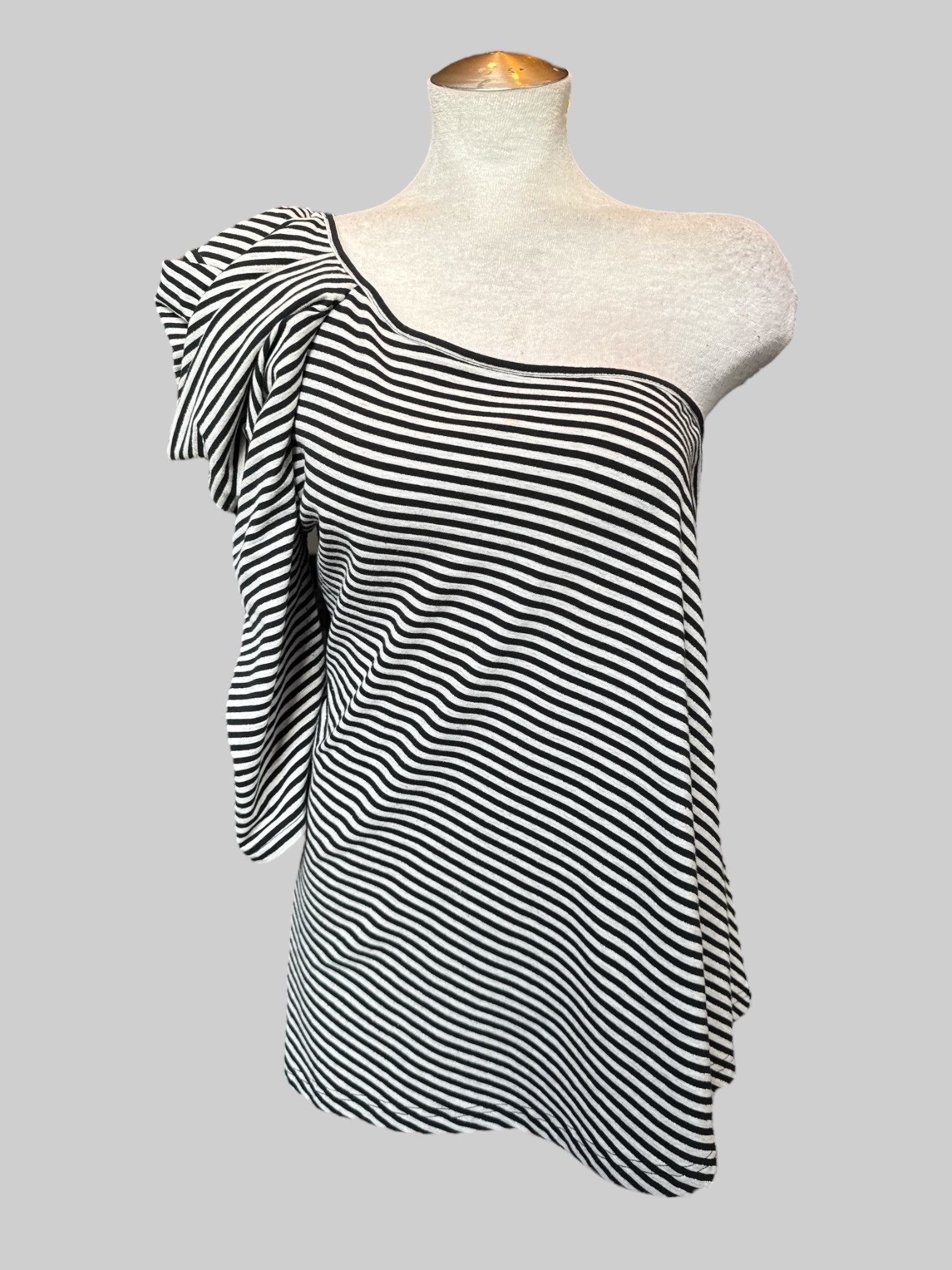 L One shoulder black and white striped top with embellished shoulder and belt loops