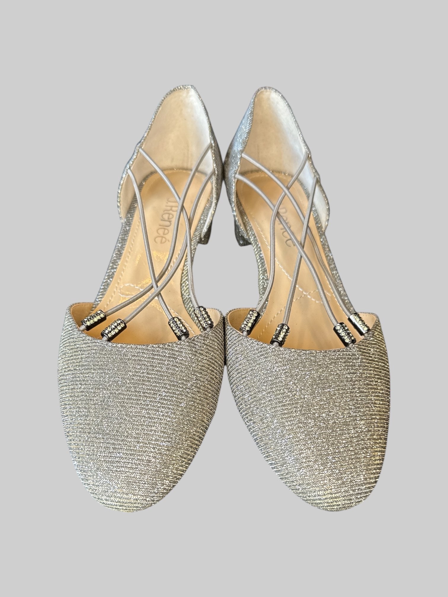 Size 8W NWT silver striped heels with elastic fastening bands