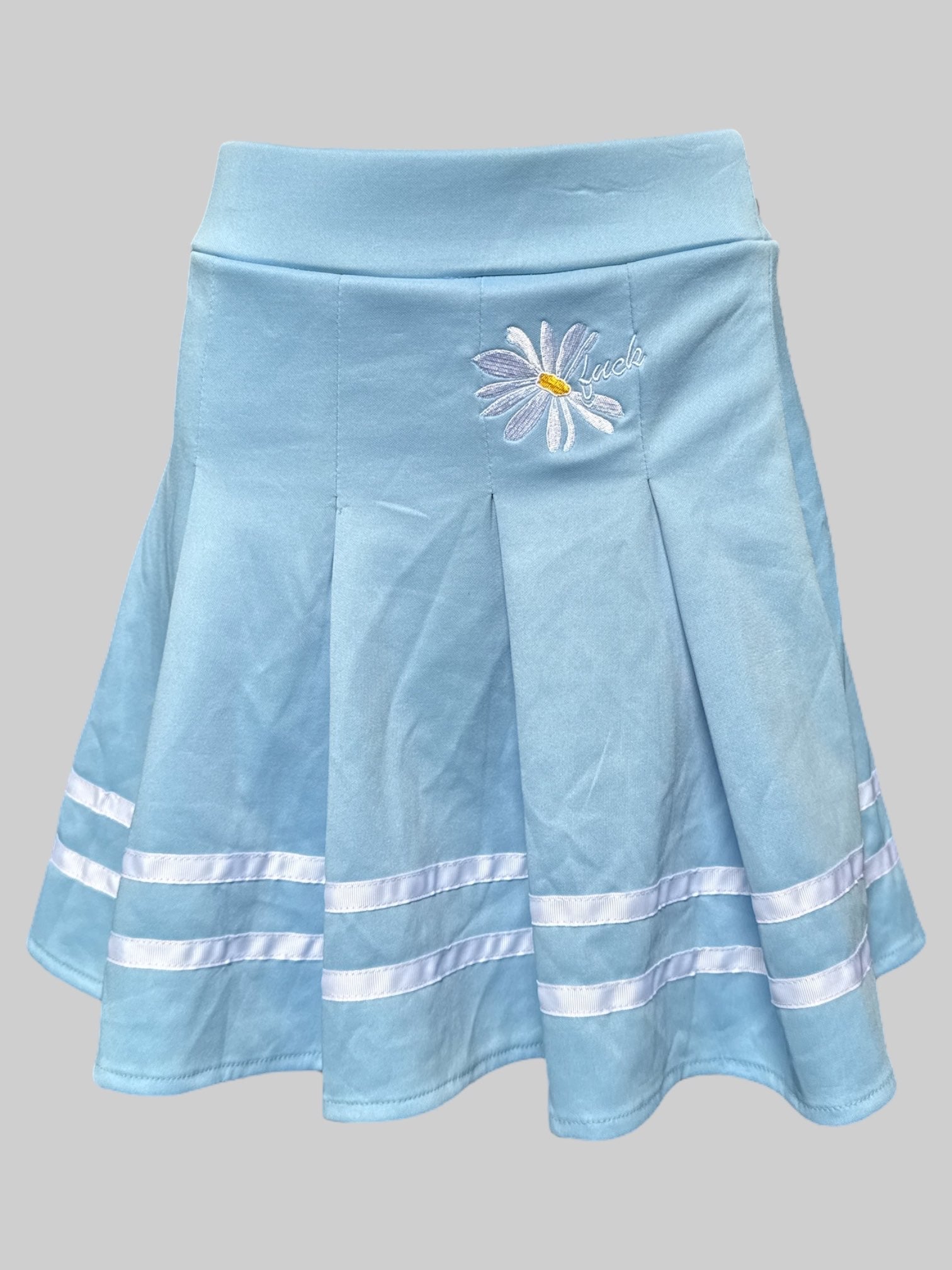 L Light blue pleated skirt with stripes and daisy embroidery with the word luck or fuck, you decide