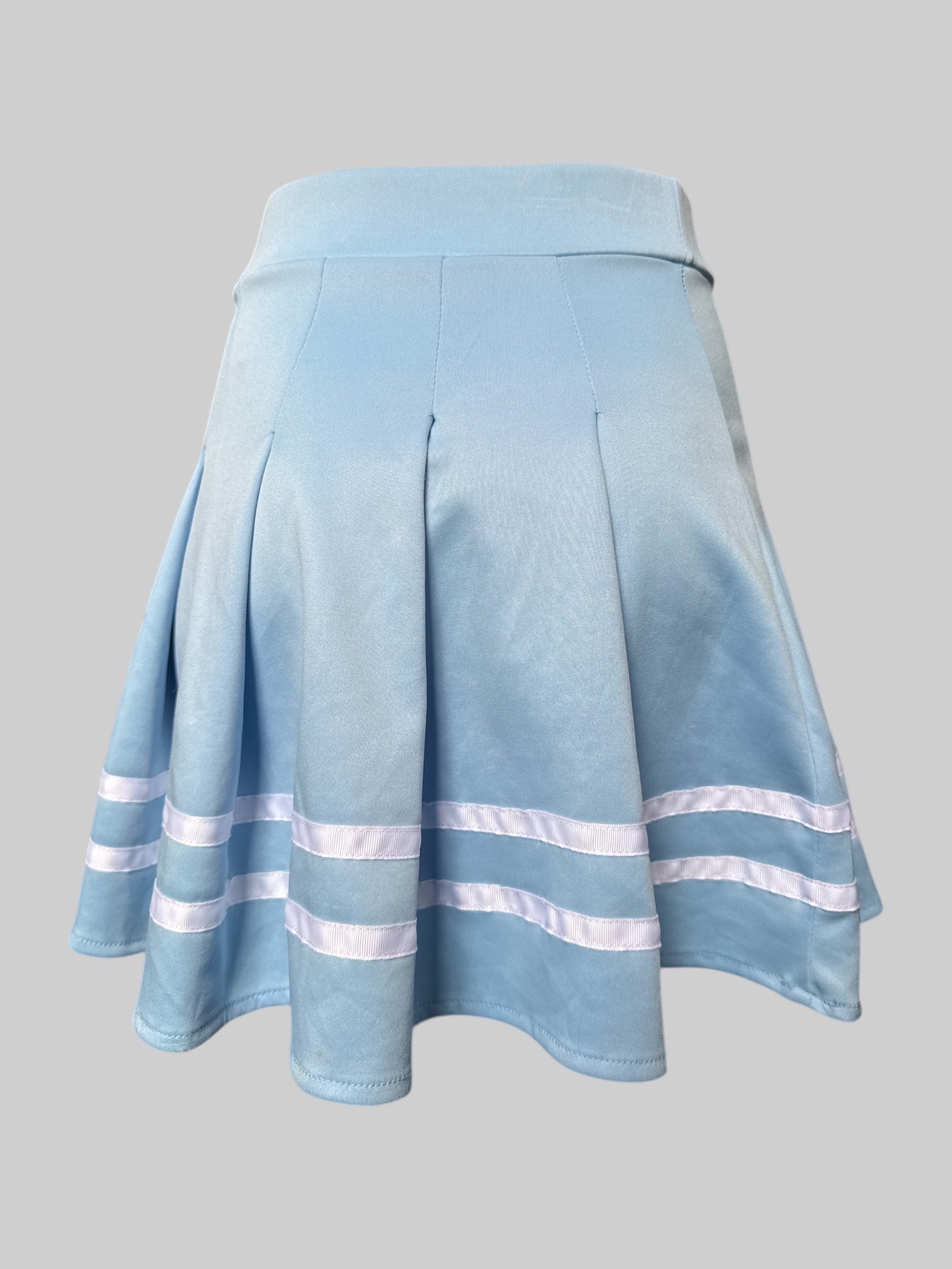 L Light blue pleated skirt with stripes and daisy embroidery with the word luck or fuck, you decide