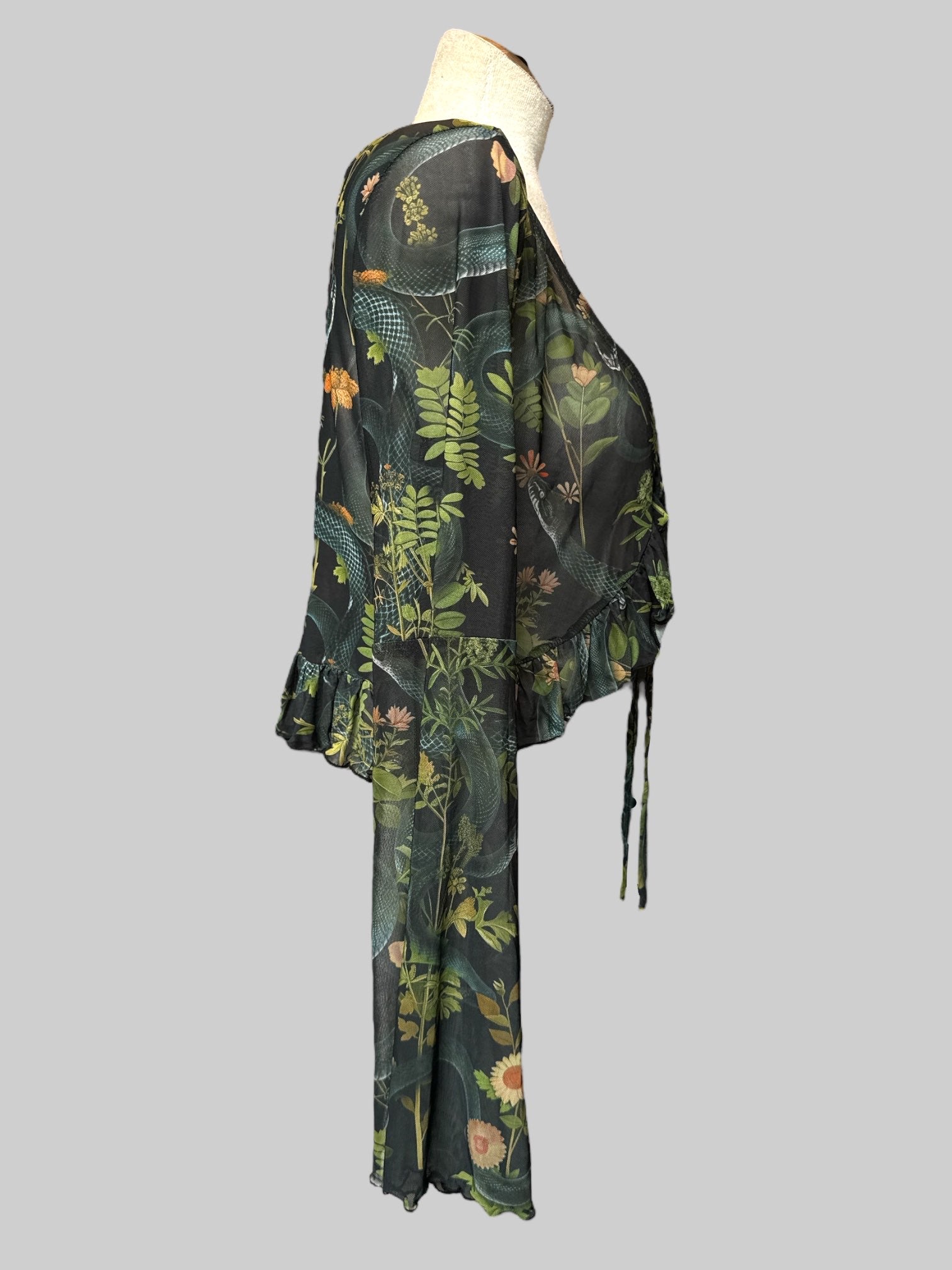 XL Green sheer cardigan with snakes, florals, leaves and bell sleeves with lettuce hem