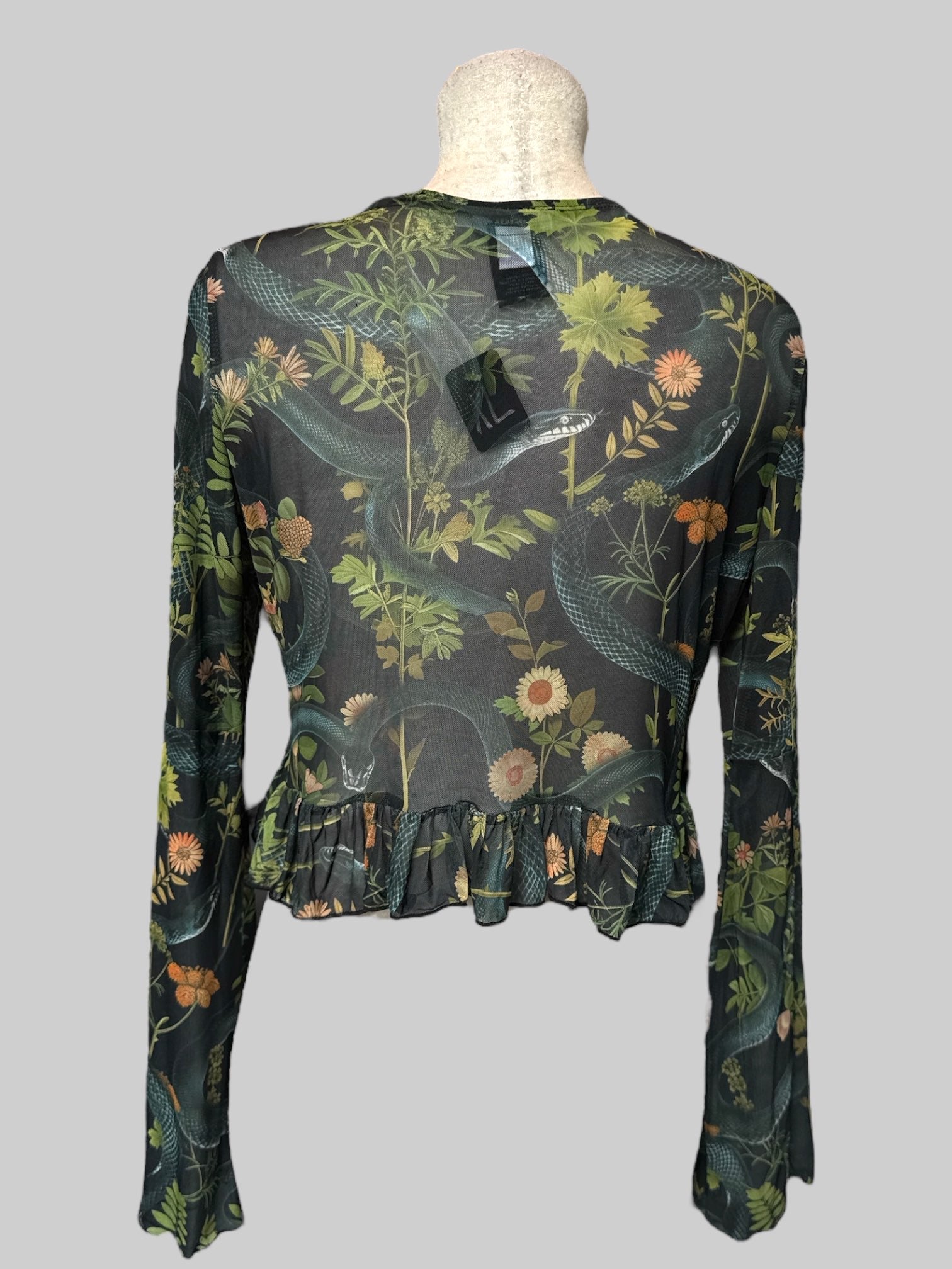 XL Green sheer cardigan with snakes, florals, leaves and bell sleeves with lettuce hem