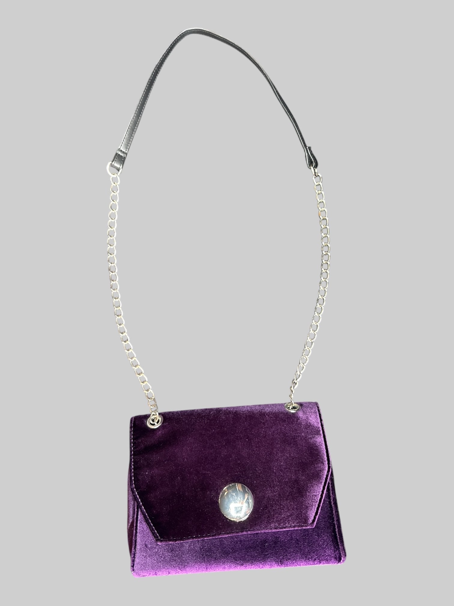 Purple velvet purse with chain and pleather strap