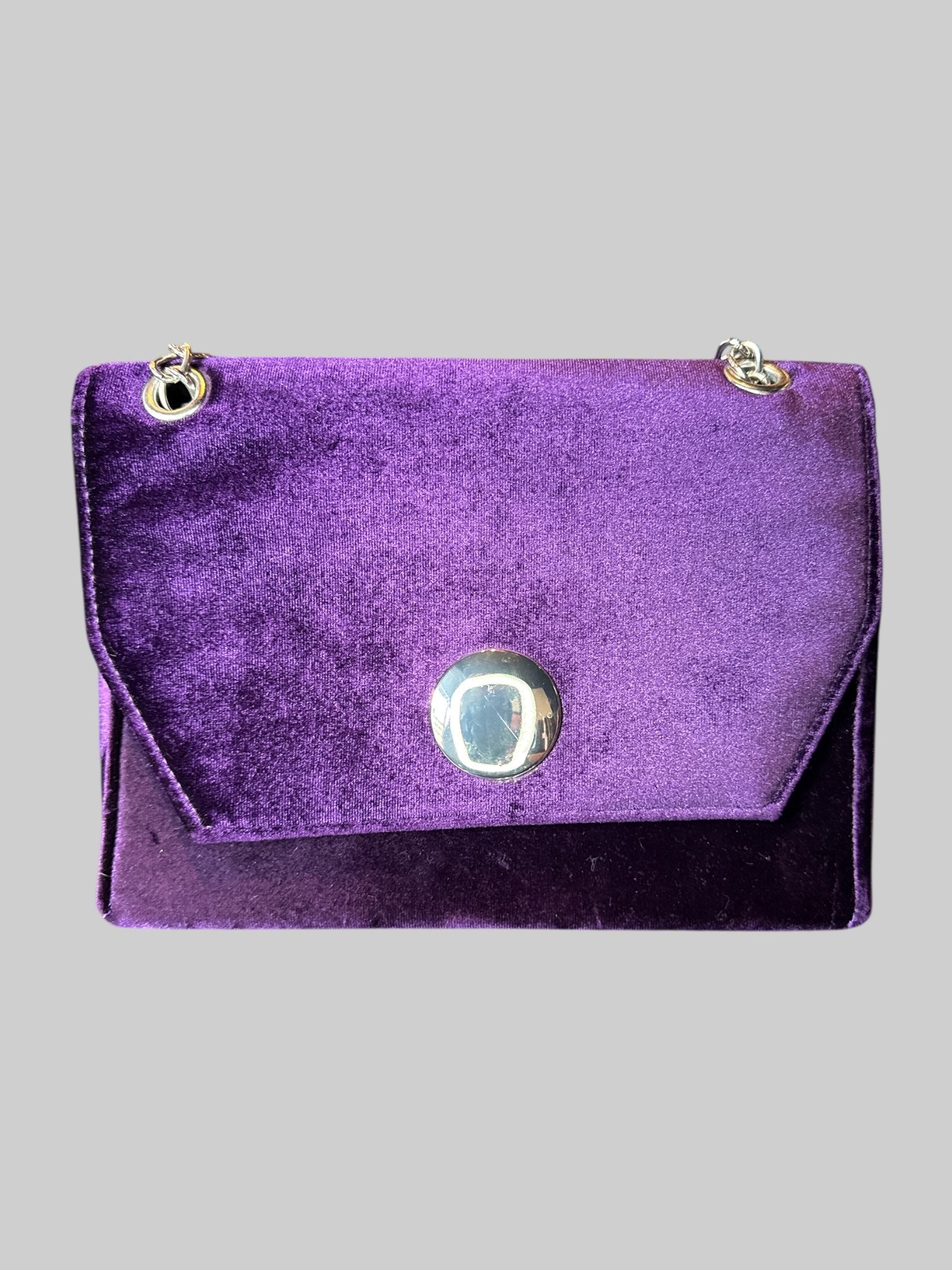 Purple velvet purse with chain and pleather strap