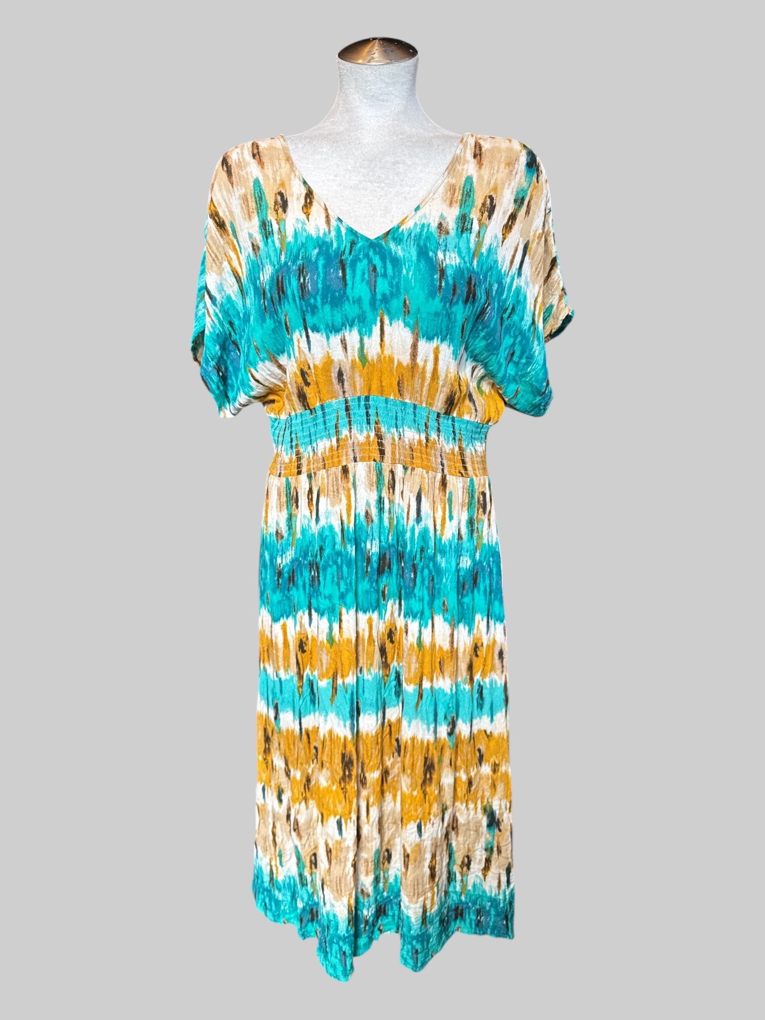XL Teal, black, brown and white tie-dye design dress with shirred waist and tie on back