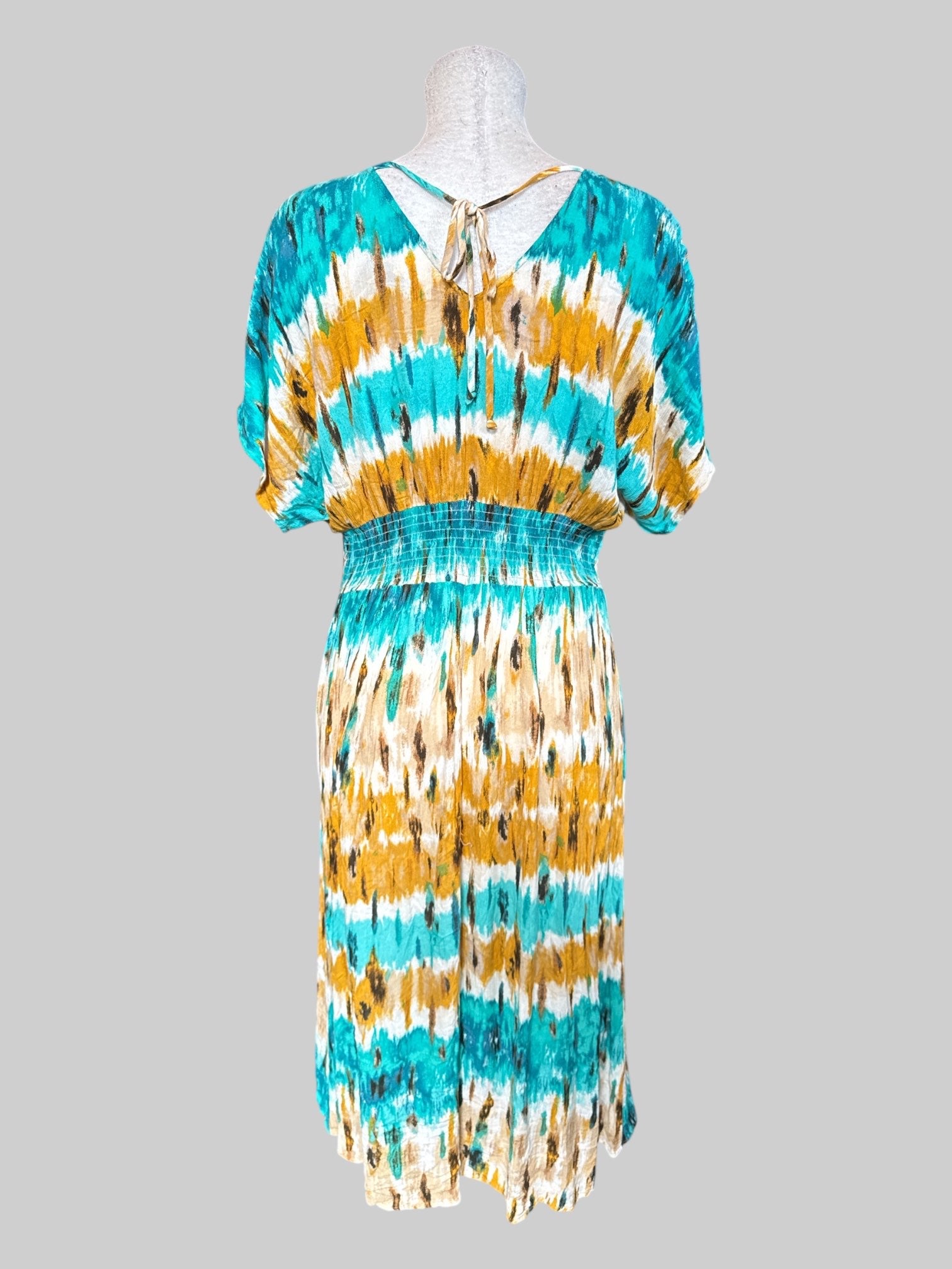XL Teal, black, brown and white tie-dye design dress with shirred waist and tie on back