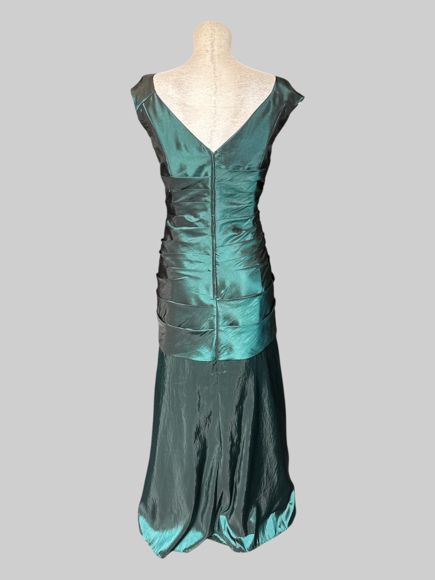 XL Dark green, short sleeve formal dress with mesh beaded faux cami and pleated design