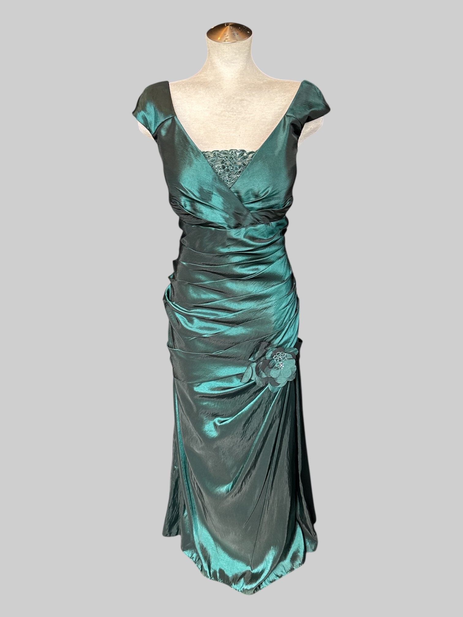 XL Dark green, short sleeve formal dress with mesh beaded faux cami and pleated design