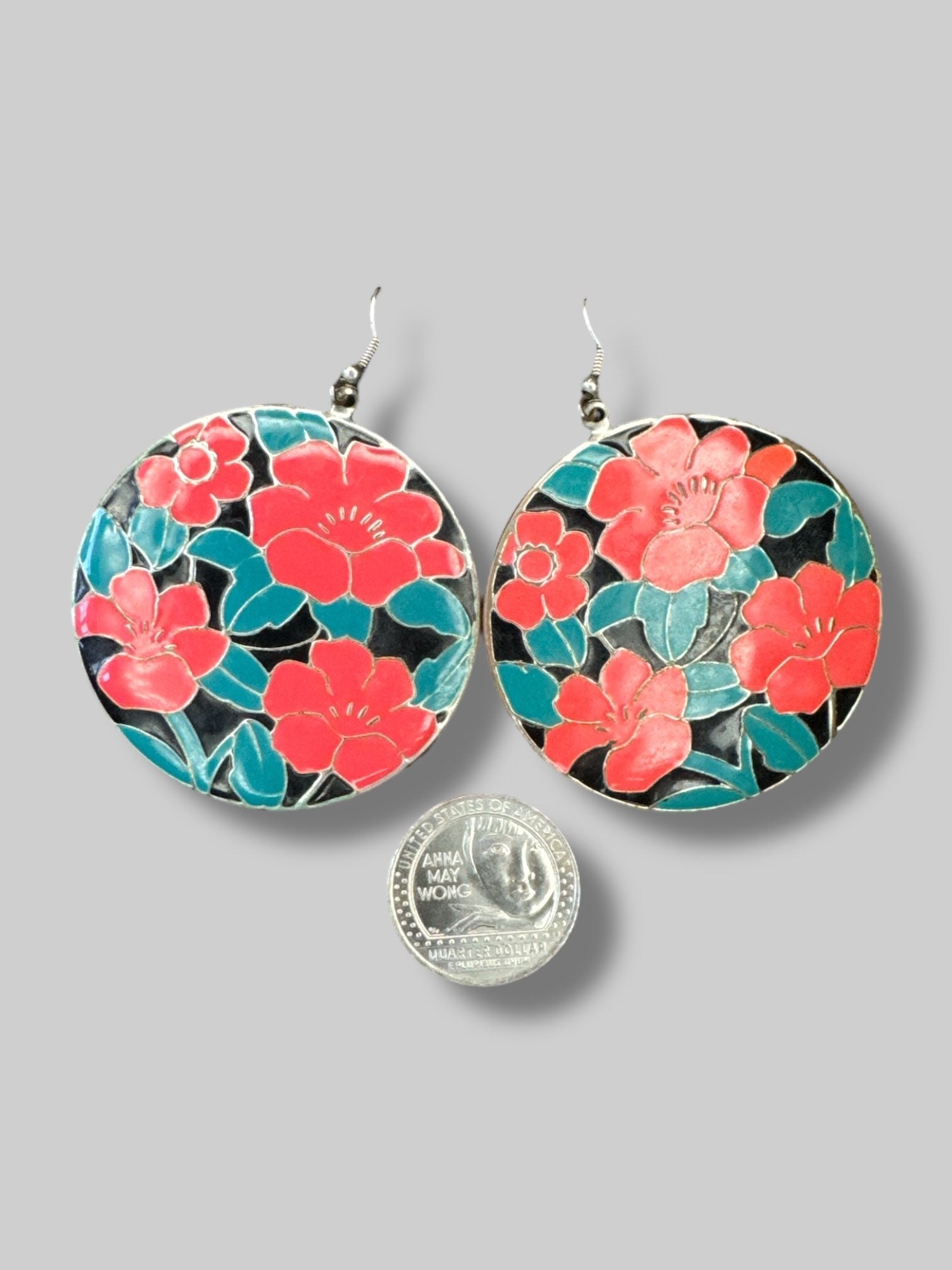 Green and red floral earrings