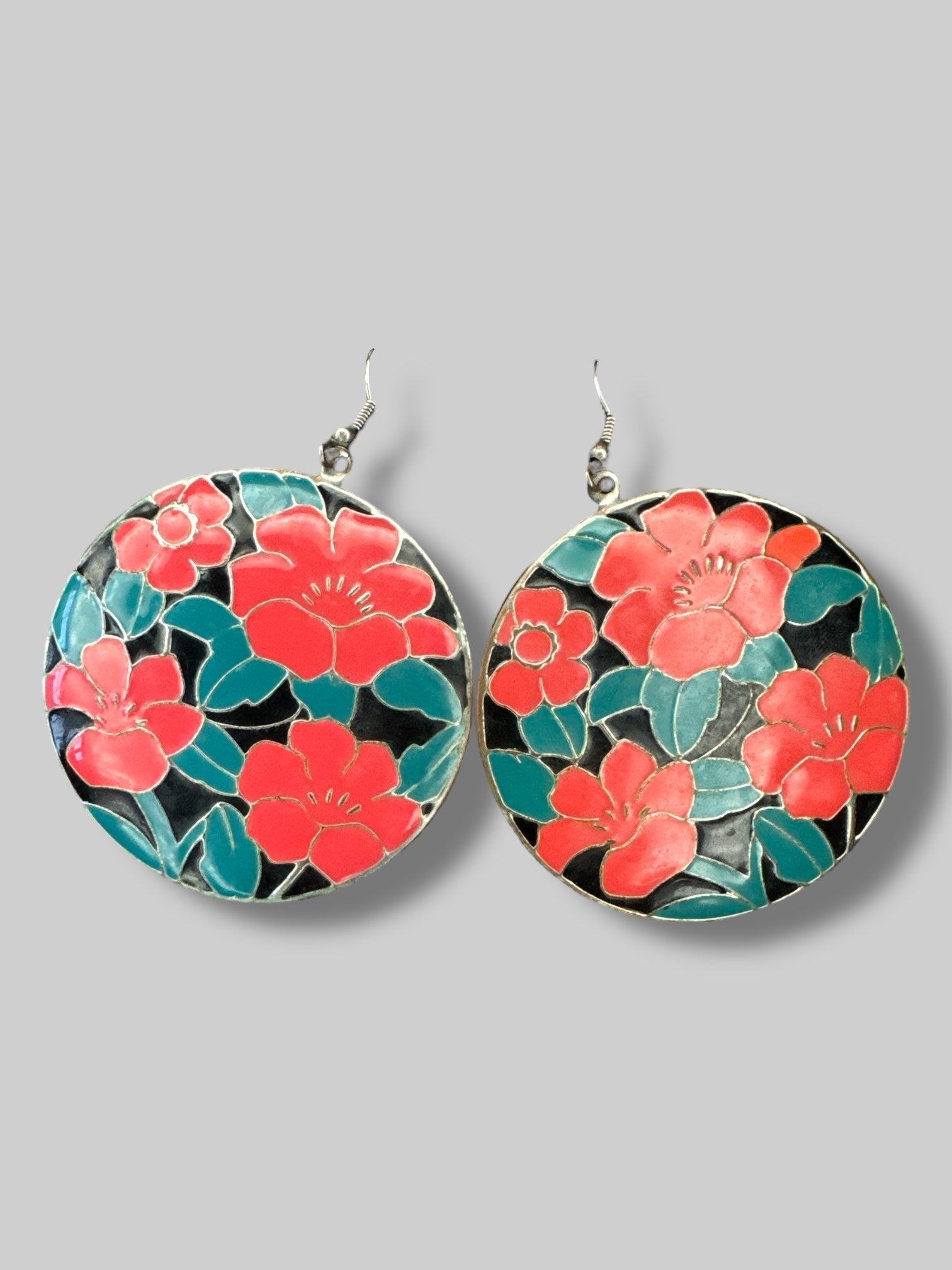 Green and red floral earrings