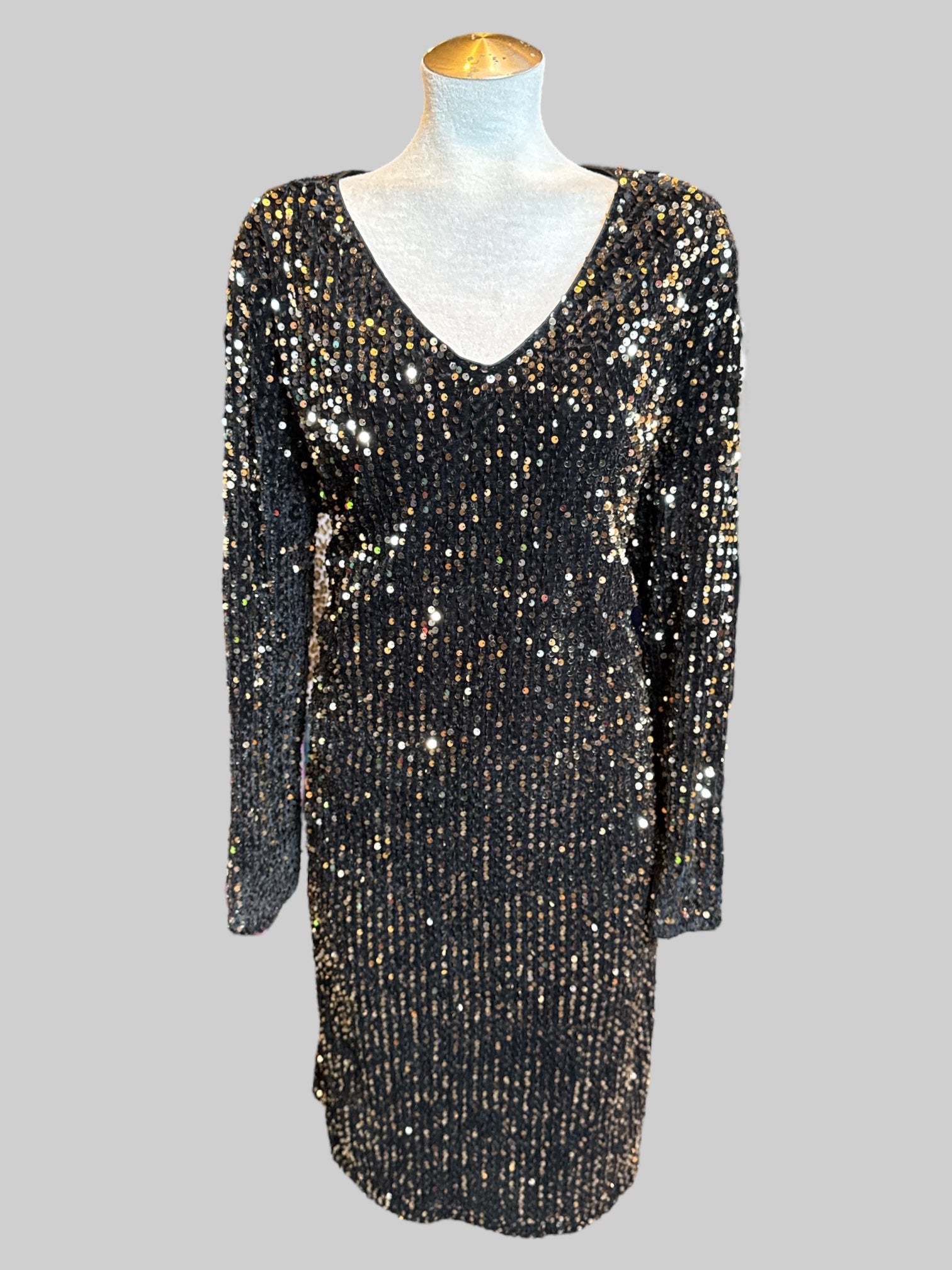2X NWT Black long sleeve dress with gold tone sequence