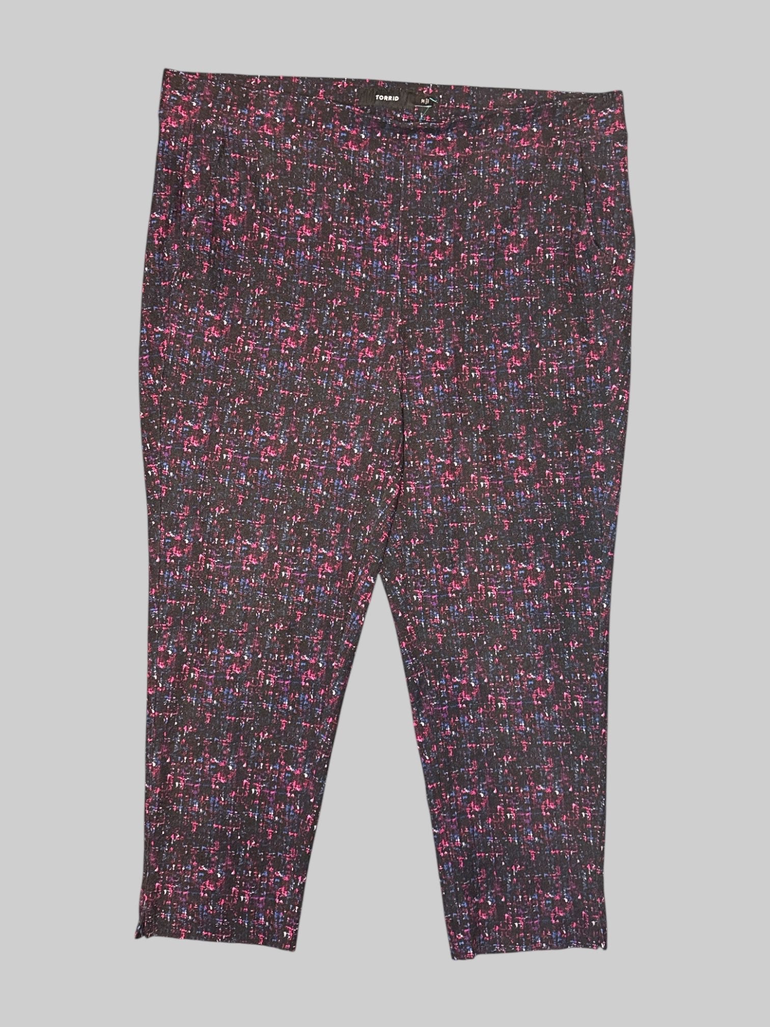 3X Black pants with pink, purple and blue, abstract design, fake back pockets, and real front pockets