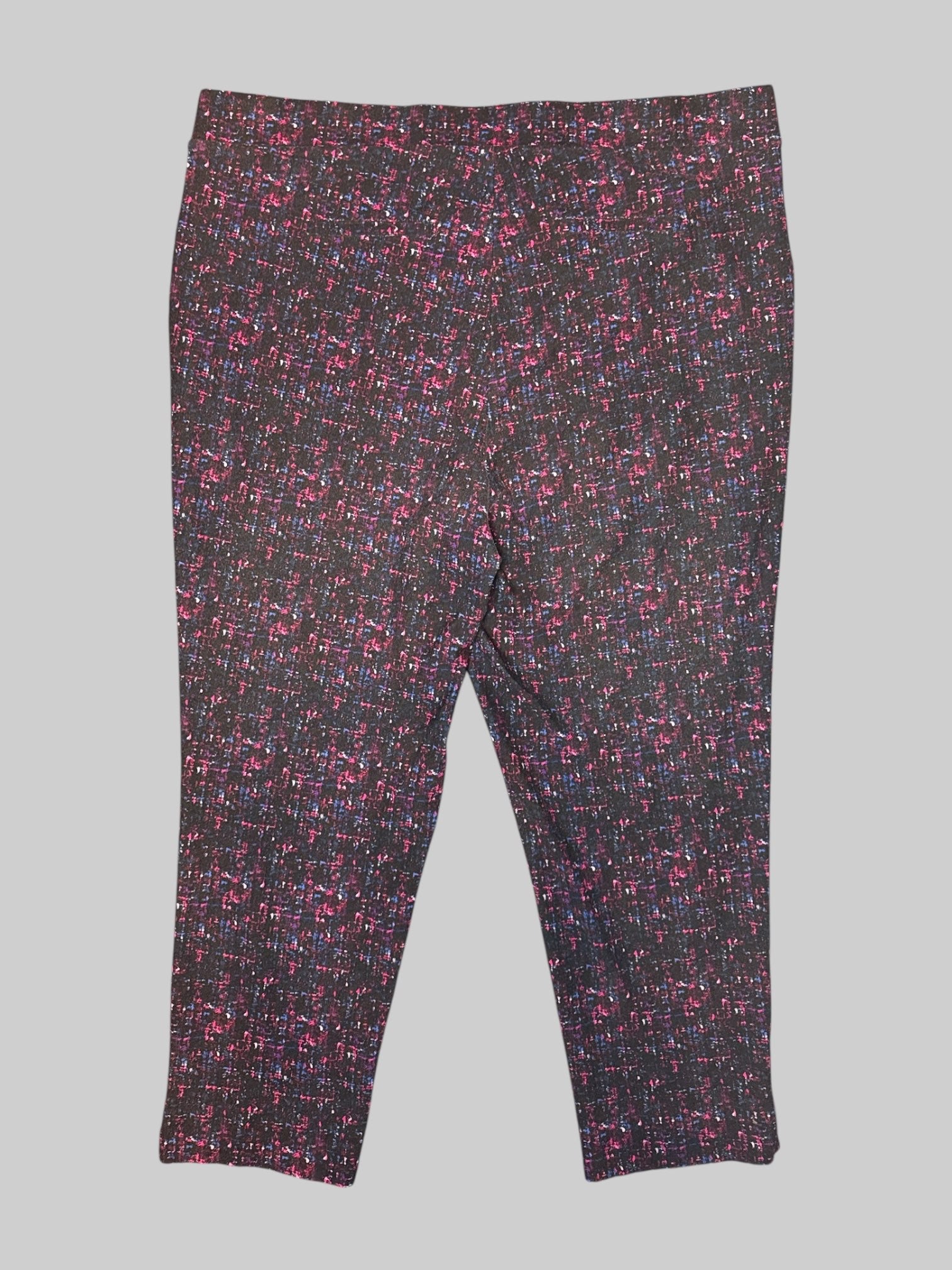 3X Black pants with pink, purple and blue, abstract design, fake back pockets, and real front pockets