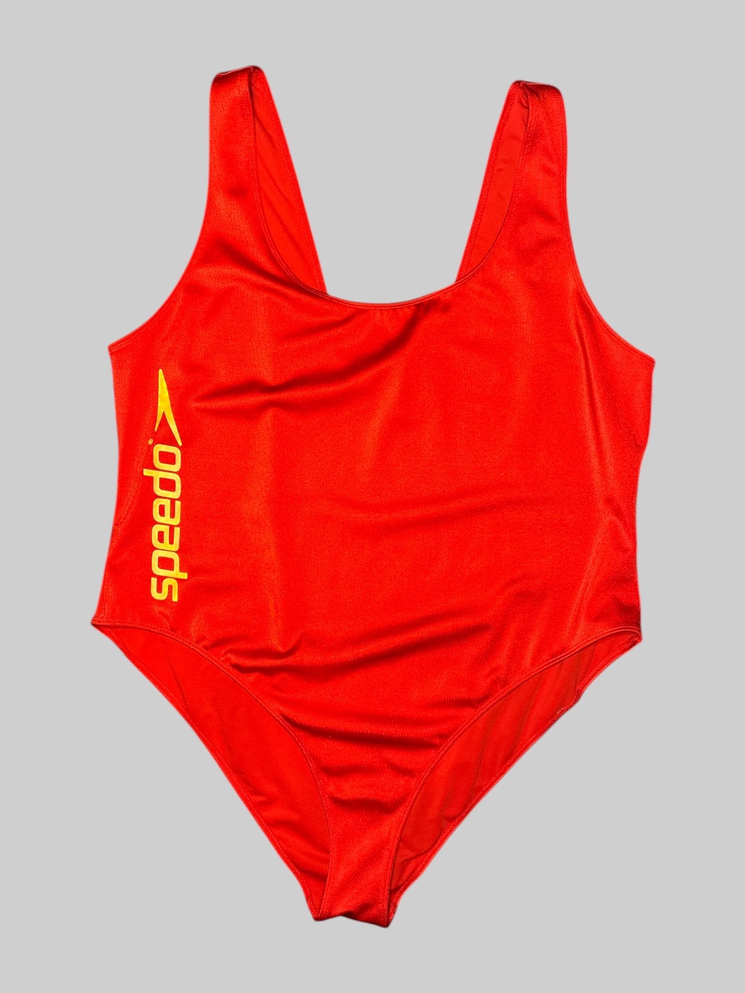3X Red one piece bathing suit with speedo decal