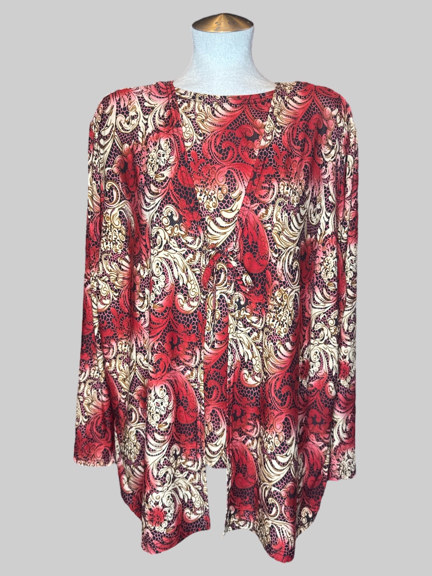 3X Vintage black red and off-white top with faux cardigan and tie on front