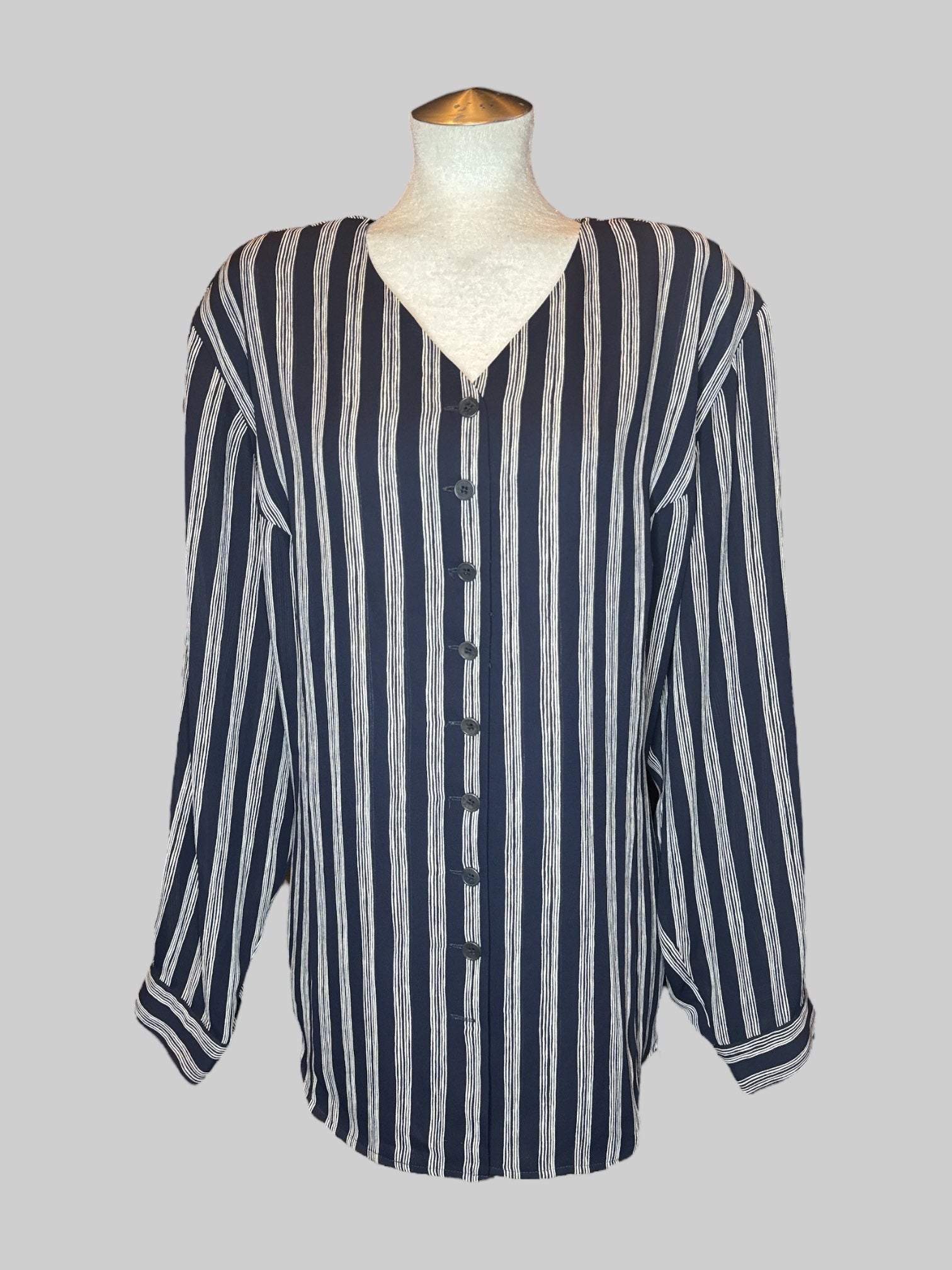 3X Vintage navy blue and white striped long sleeve button-down top with shoulder pads