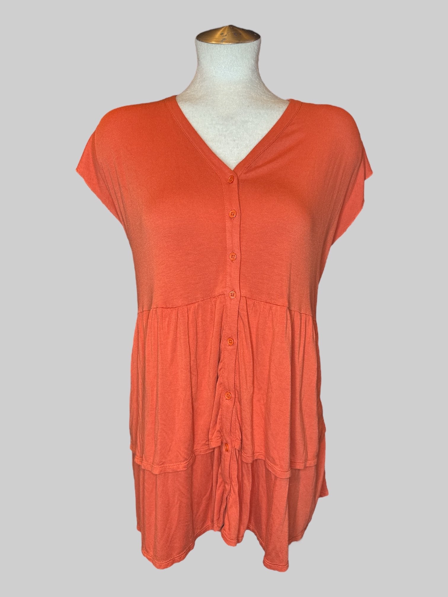 4X Orange short sleeve button-down top with ruffle layers