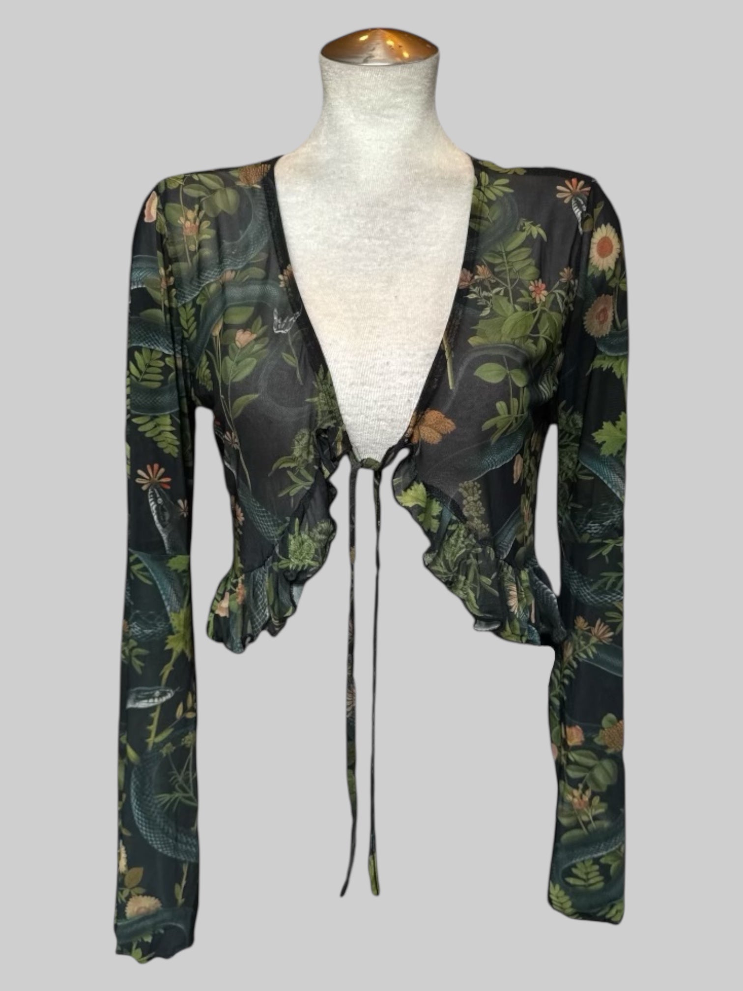 XL Green sheer cardigan with snakes, florals, leaves and bell sleeves with lettuce hem